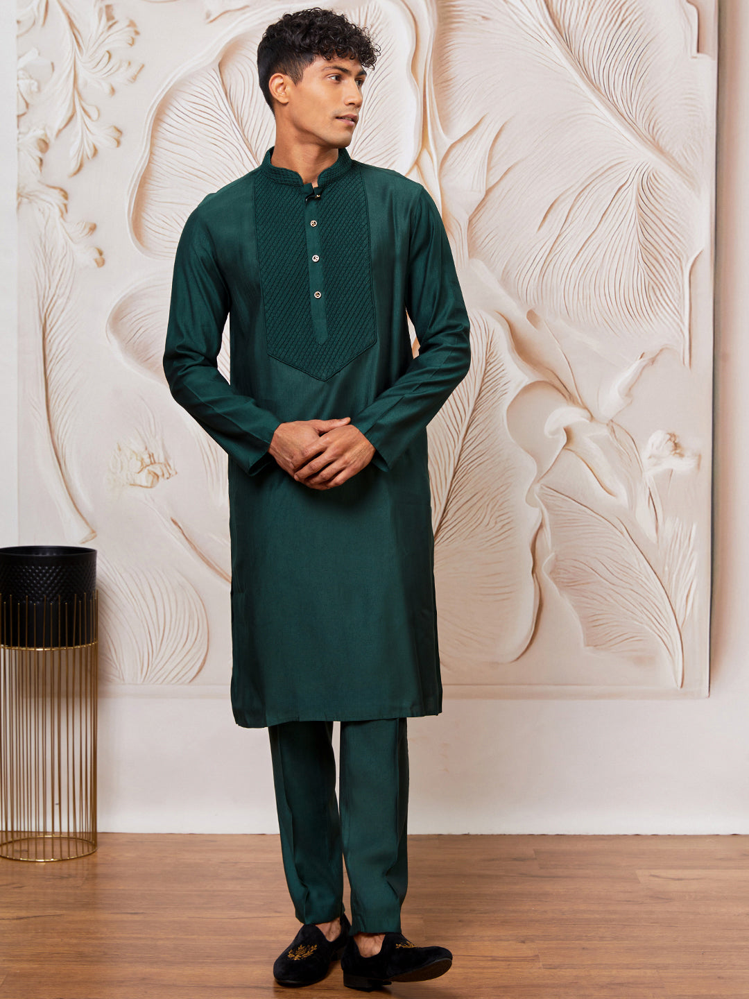 Men's Bottle Green Silk Blend Kurta,Pyjama Set.