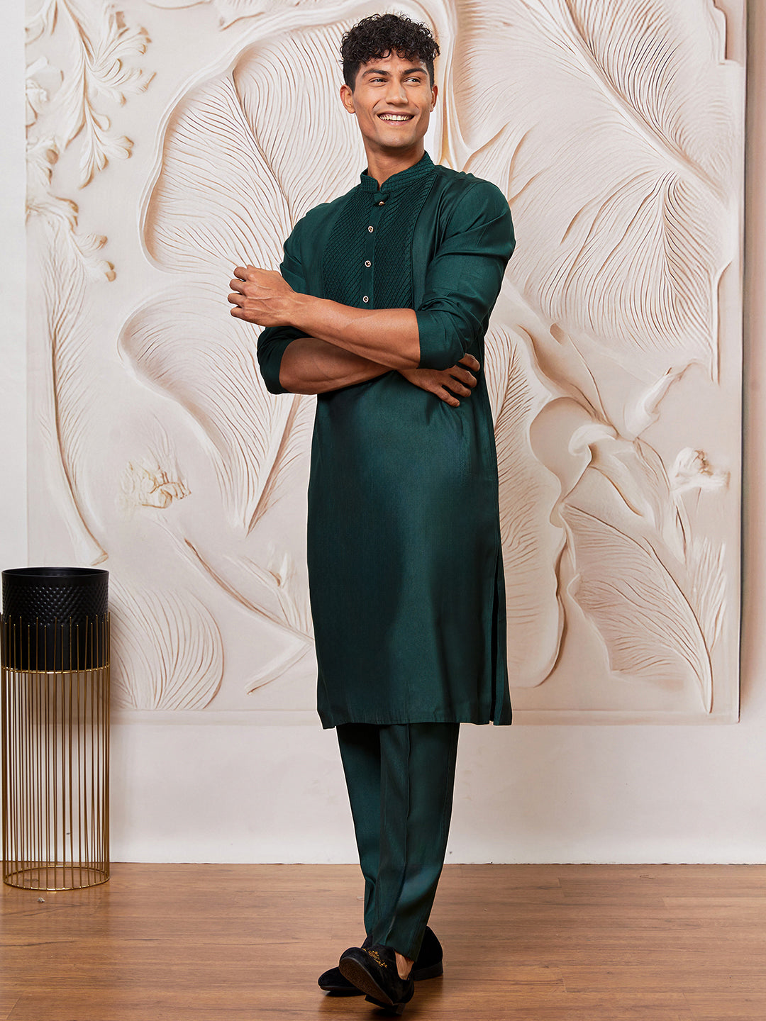 Men's Bottle Green Silk Blend Kurta,Pyjama Set.