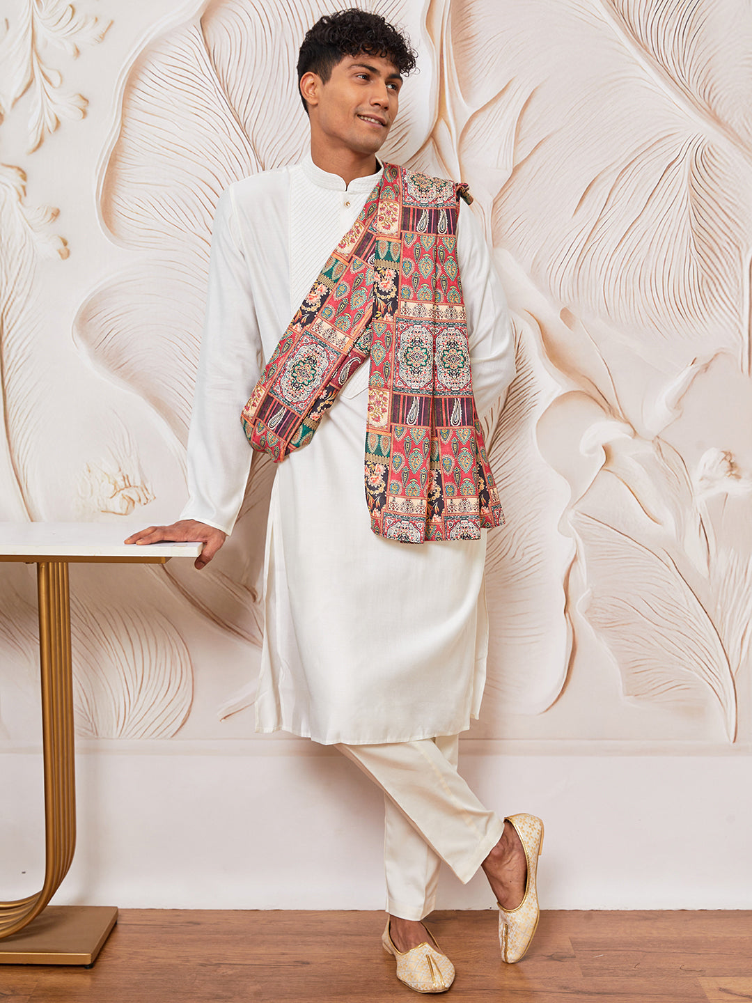 Men's White Silk Blend Kurta, Pant And Dupatta Set