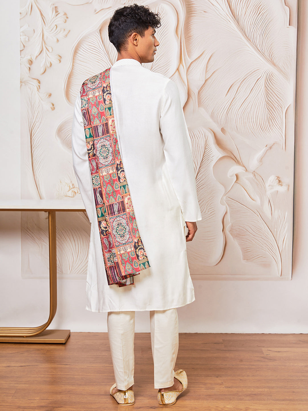 Men's White Silk Blend Kurta, Pant And Dupatta Set