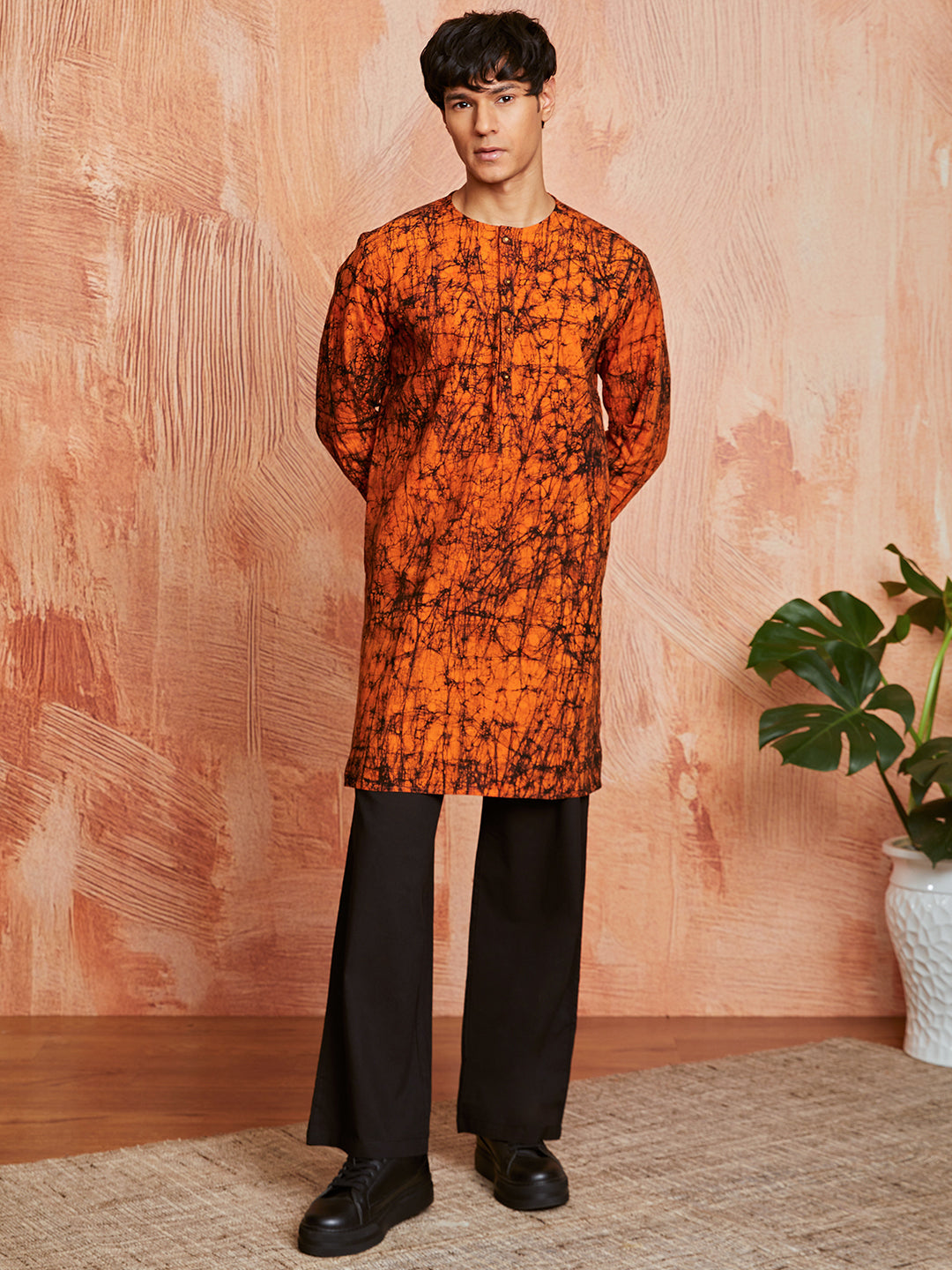 Men's Orange Cotton Kurta And Pyjama Set
