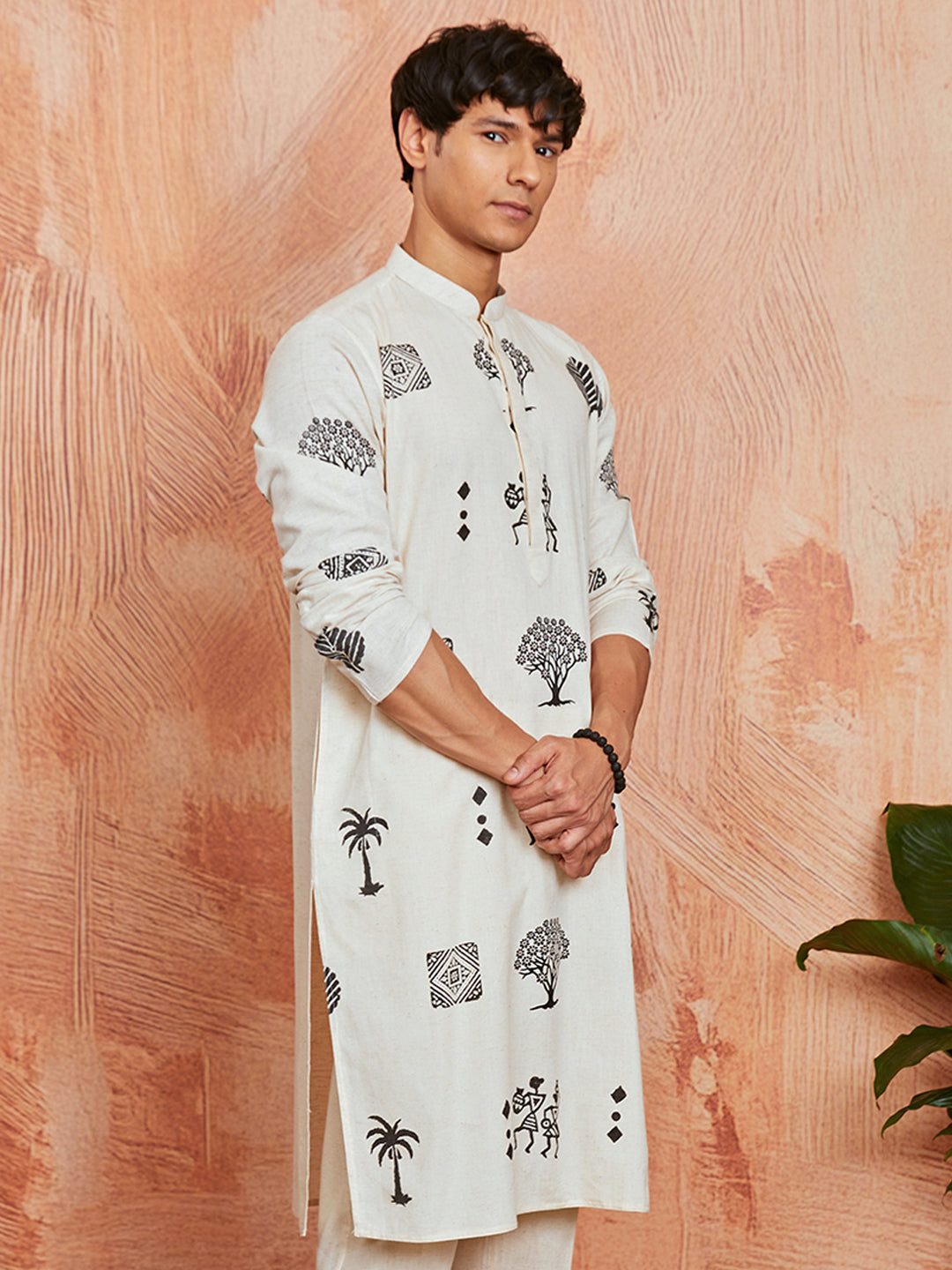 Men's Cream Block Print Cotton Kurta
