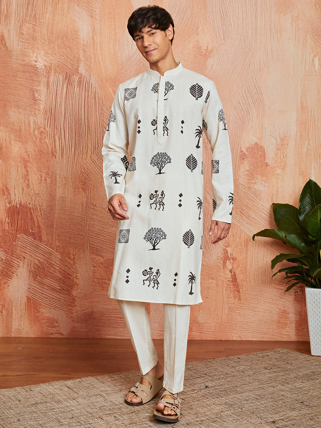 Men's Cream Block Print Cotton Kurta & Pyjama Set