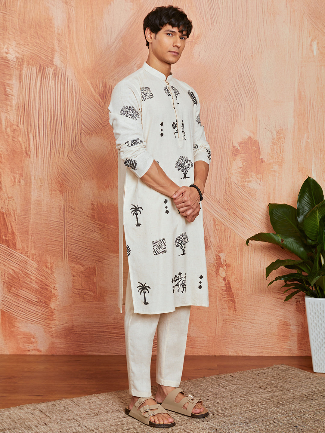 Men's Cream Block Print Cotton Kurta & Pyjama Set