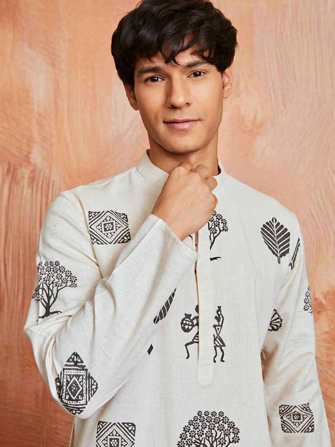 Men's Cream Block Print Cotton Kurta & Pyjama Set