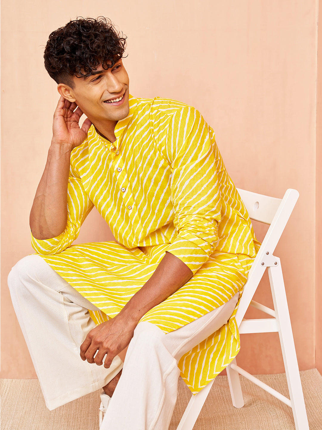 Men's Yellow Lehariya Cotton Kurta