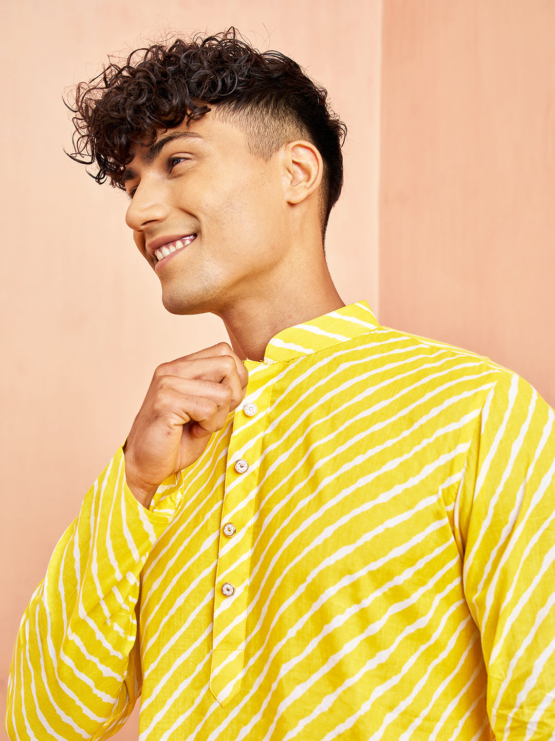Men's Yellow Lehariya Cotton Kurta
