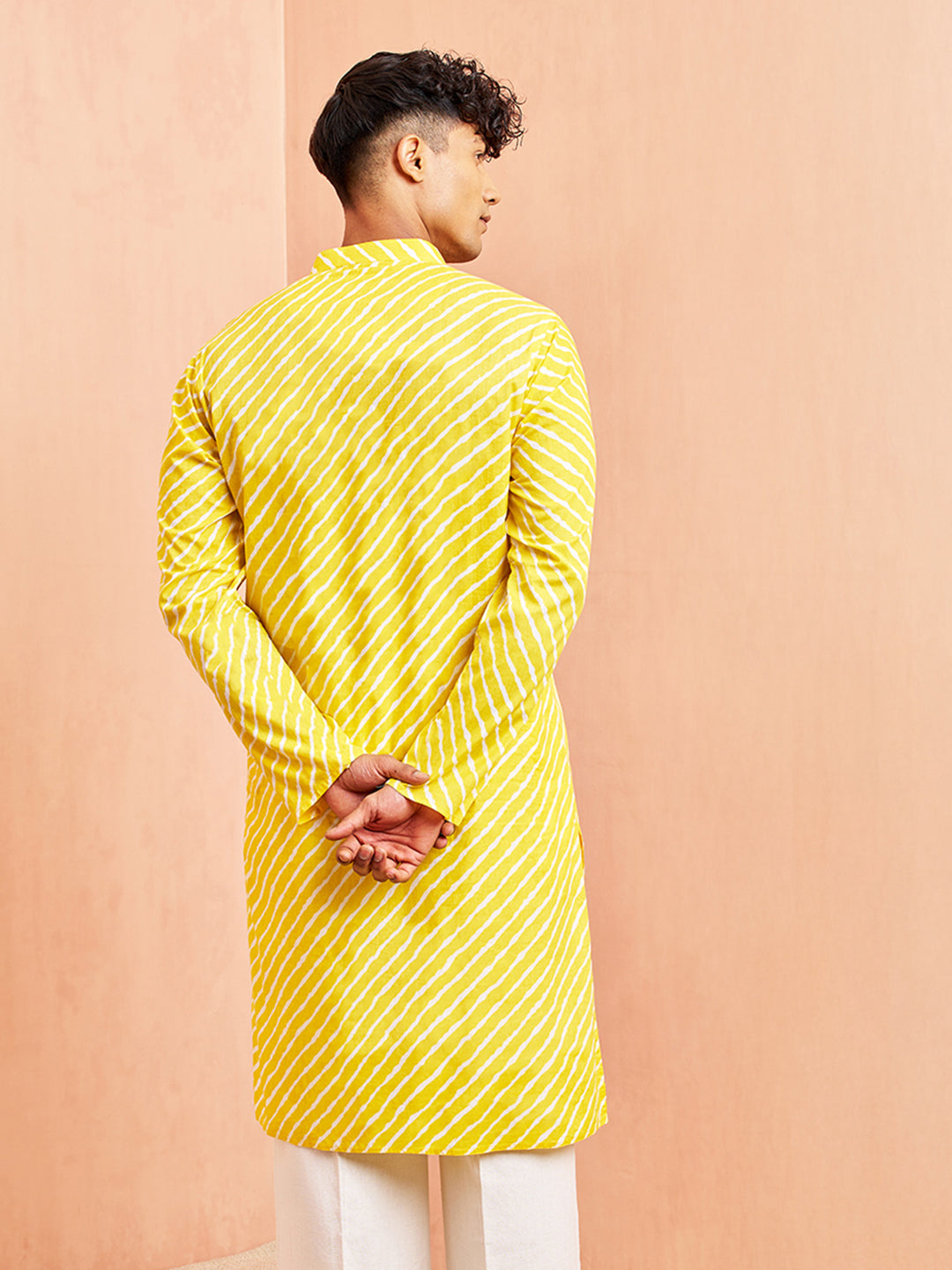 Men's Yellow Lehariya Cotton Kurta