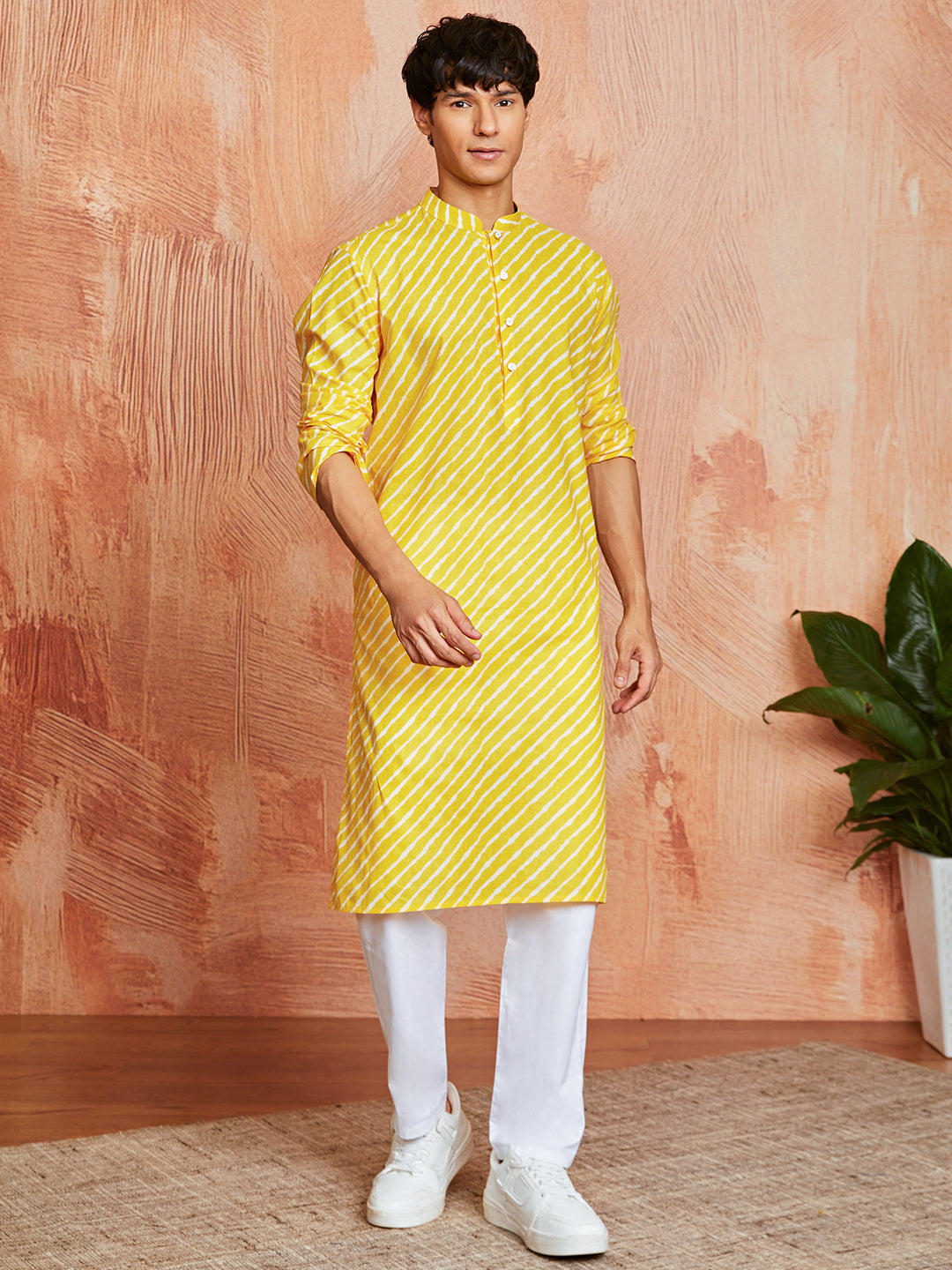 Men's Yellow Lehariya Cotton Kurta & Pyjama Set