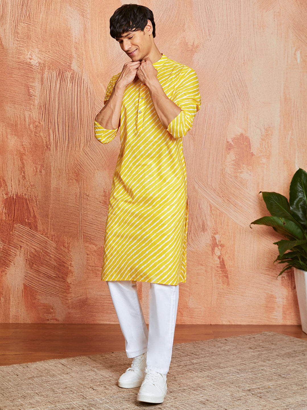 Men's Yellow Lehariya Cotton Kurta & Pyjama Set