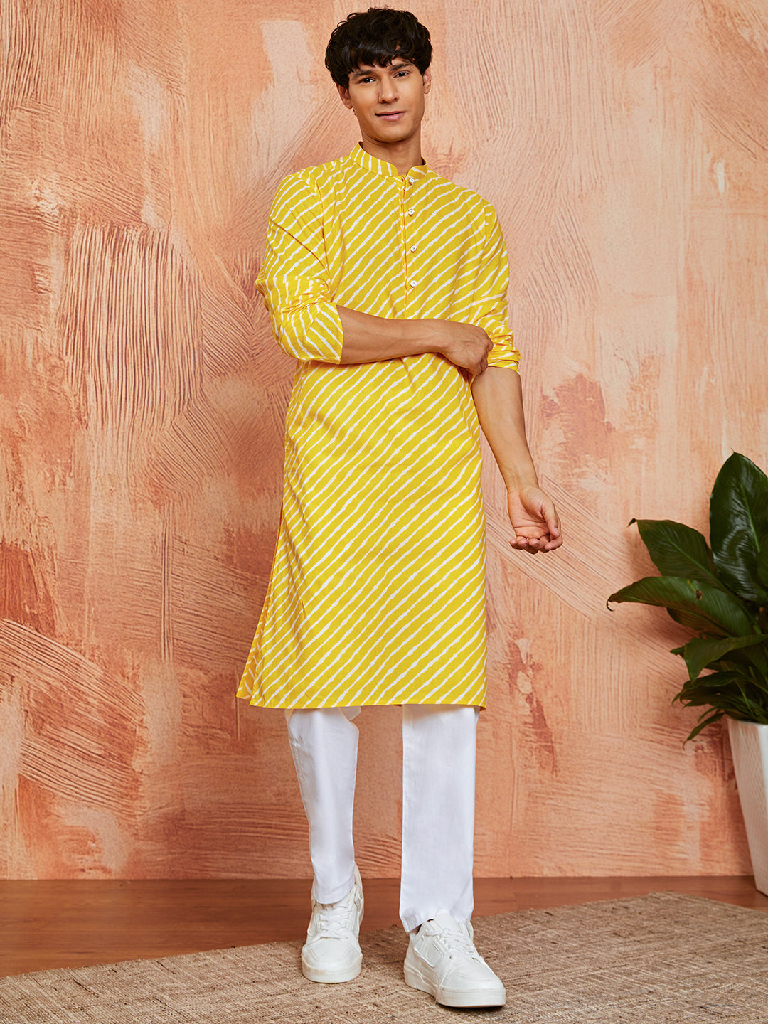 Men's Yellow Lehariya Cotton Kurta & Pyjama Set