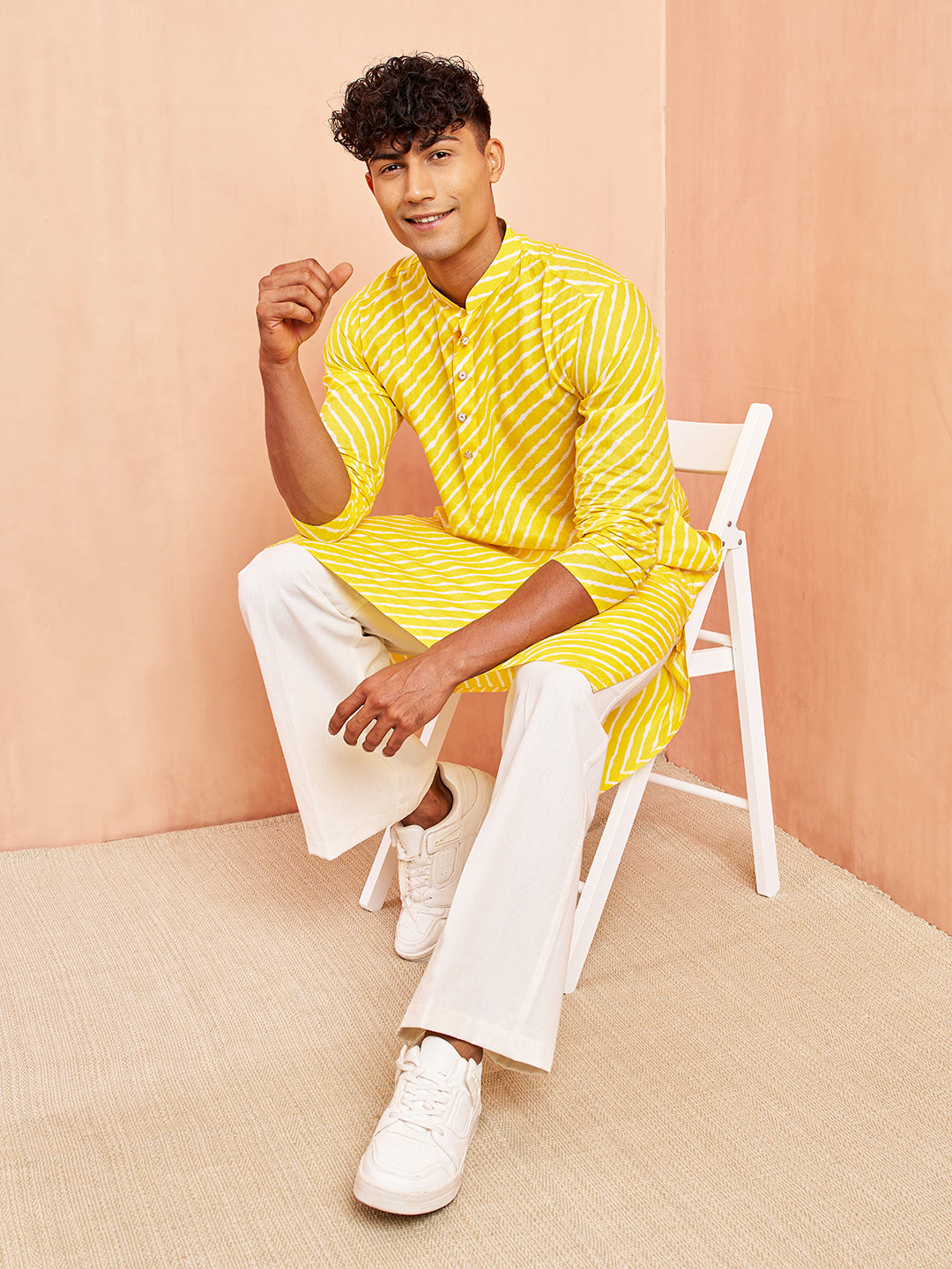 Men's Yellow Lahariya Print Kurta with White Pant Set