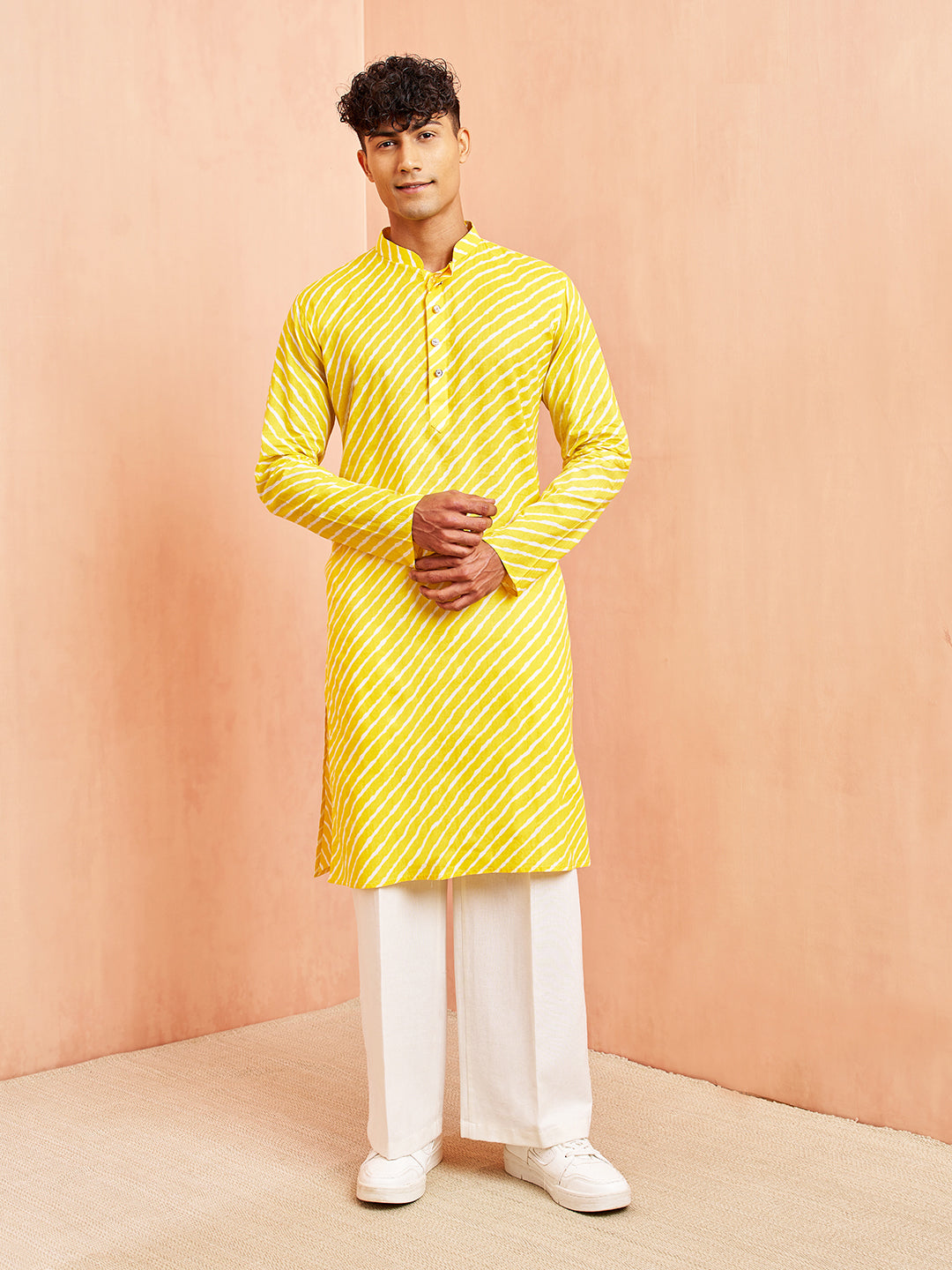 Men's Yellow Lehariya Print Kurta & White Pant Set