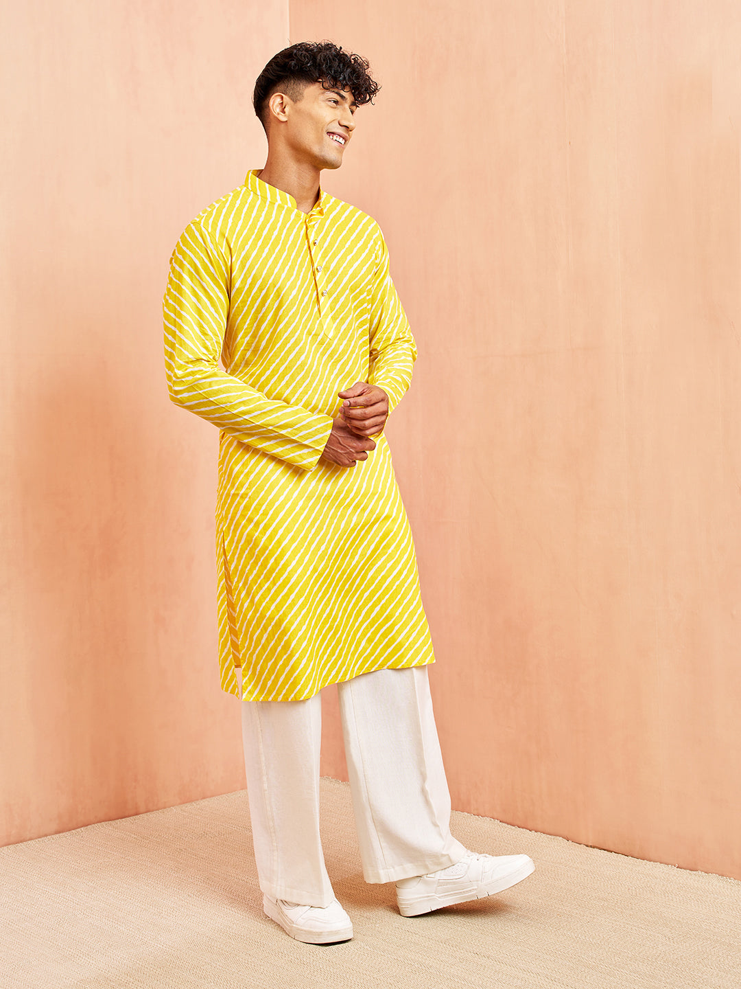 Men's Yellow Lahariya Print Kurta with White Pant Set