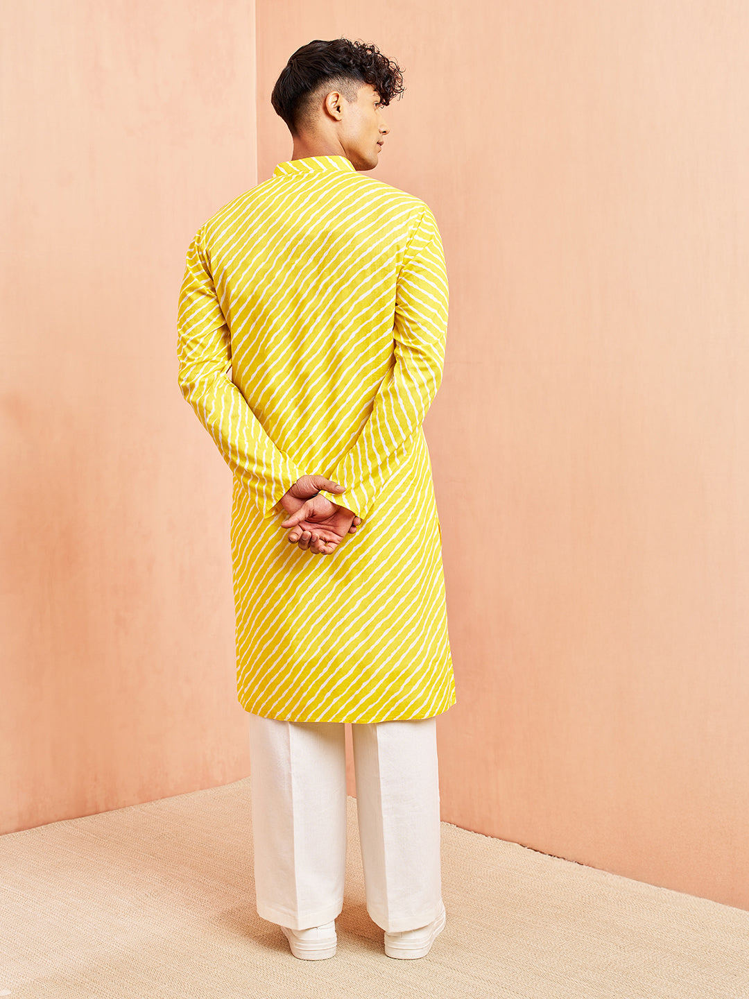 Men's Yellow Lehariya Print Kurta & White Pant Set