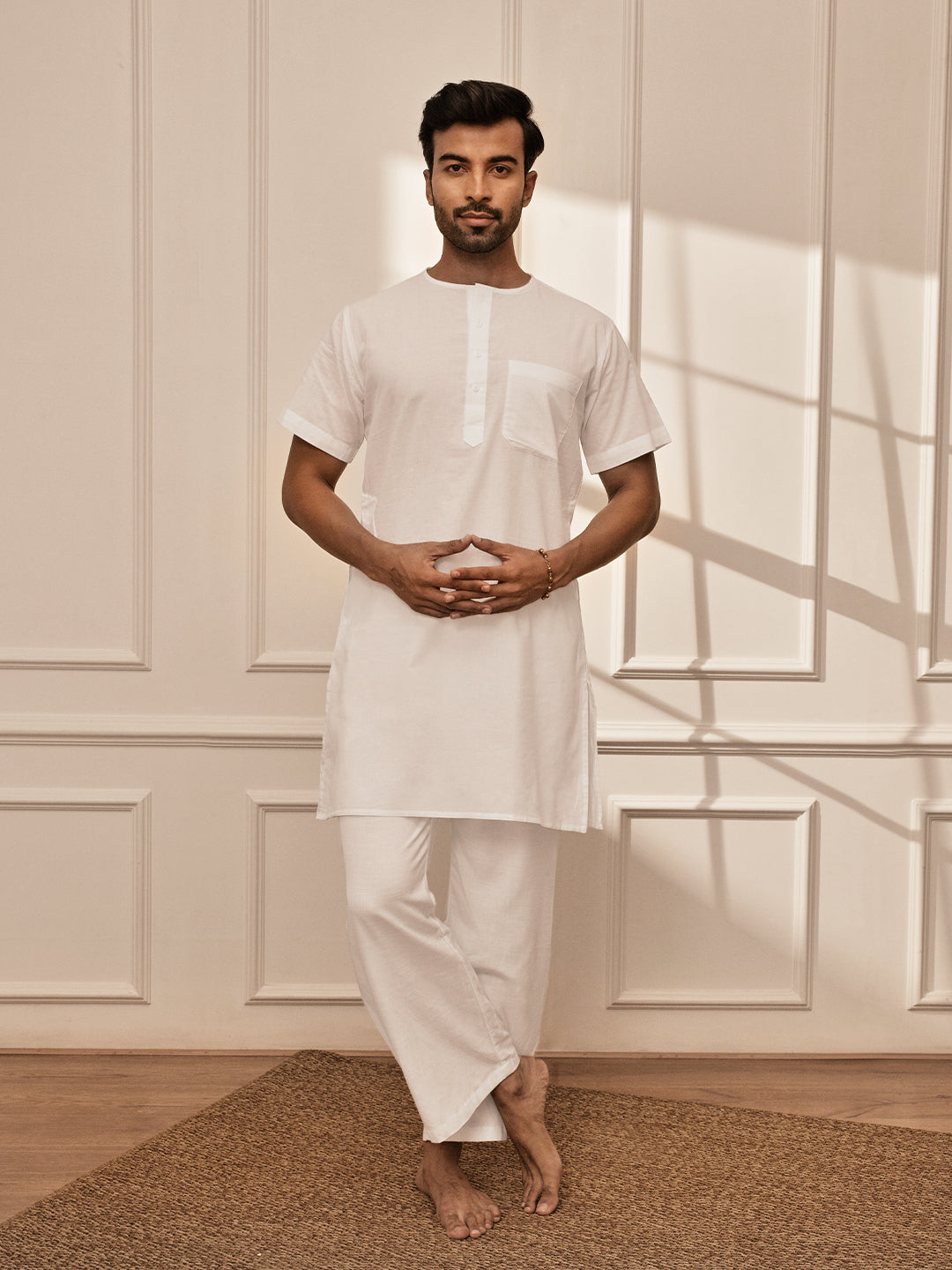 Men's All-White Premium Cotton Mid-Length Kurta Palazzo Set