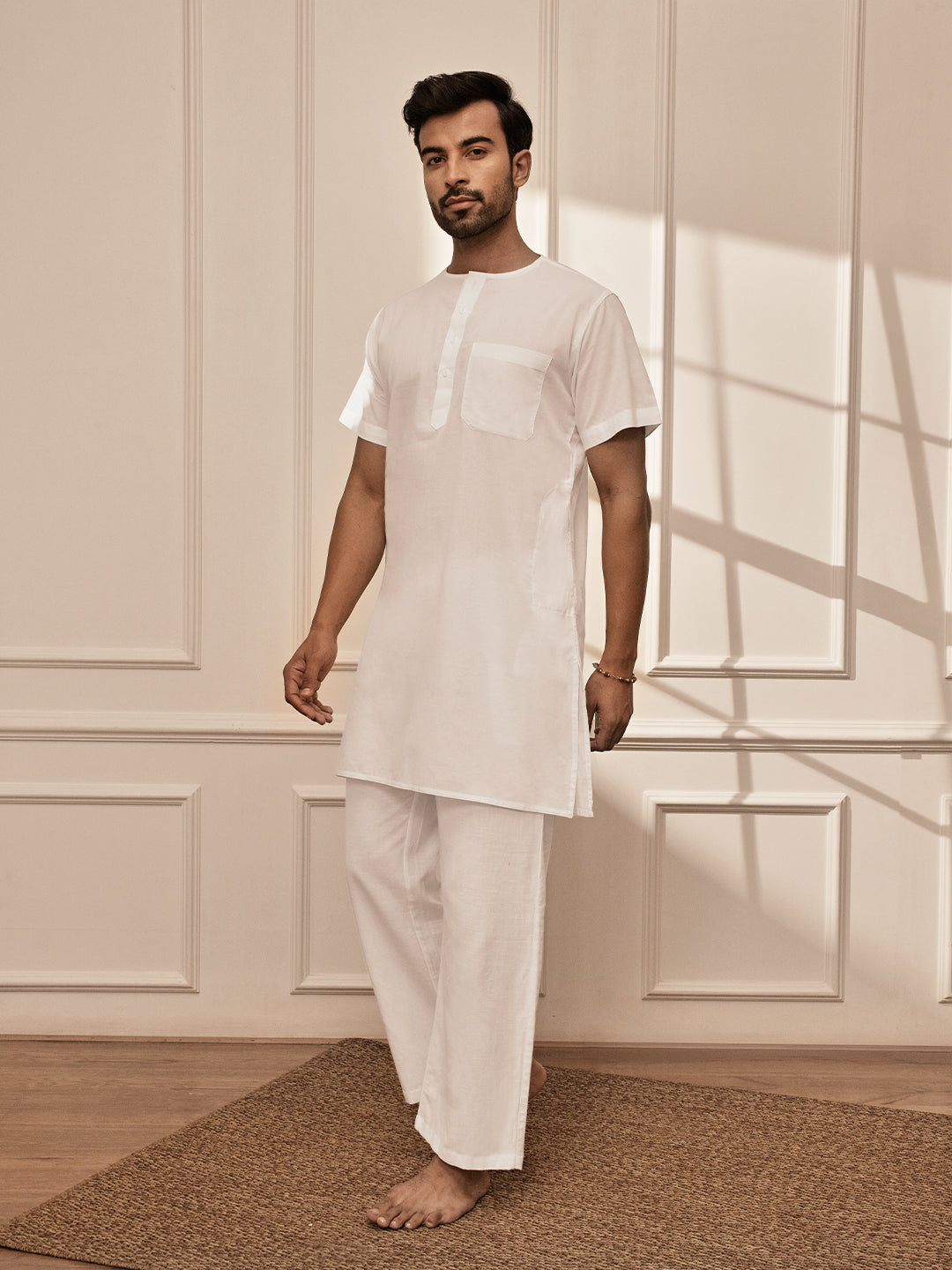 Men's All-White Premium Cotton Mid-Length Kurta Palazzo Set