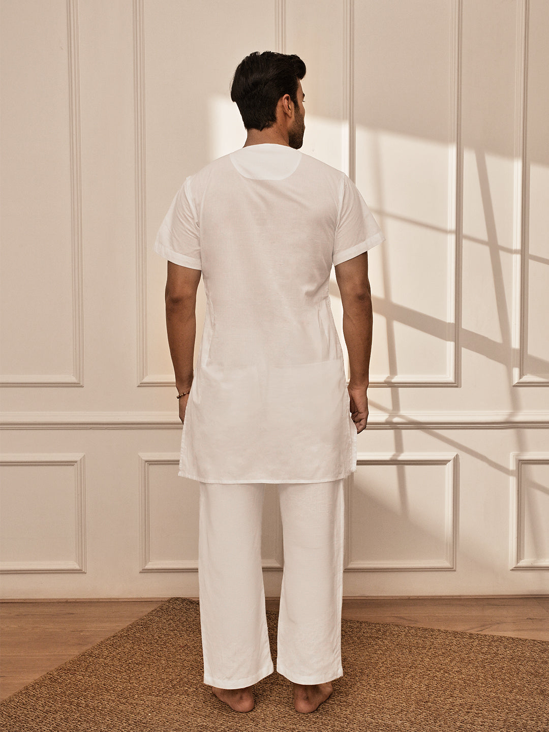 Men's All-White Premium Cotton Mid-Length Kurta Palazzo Set