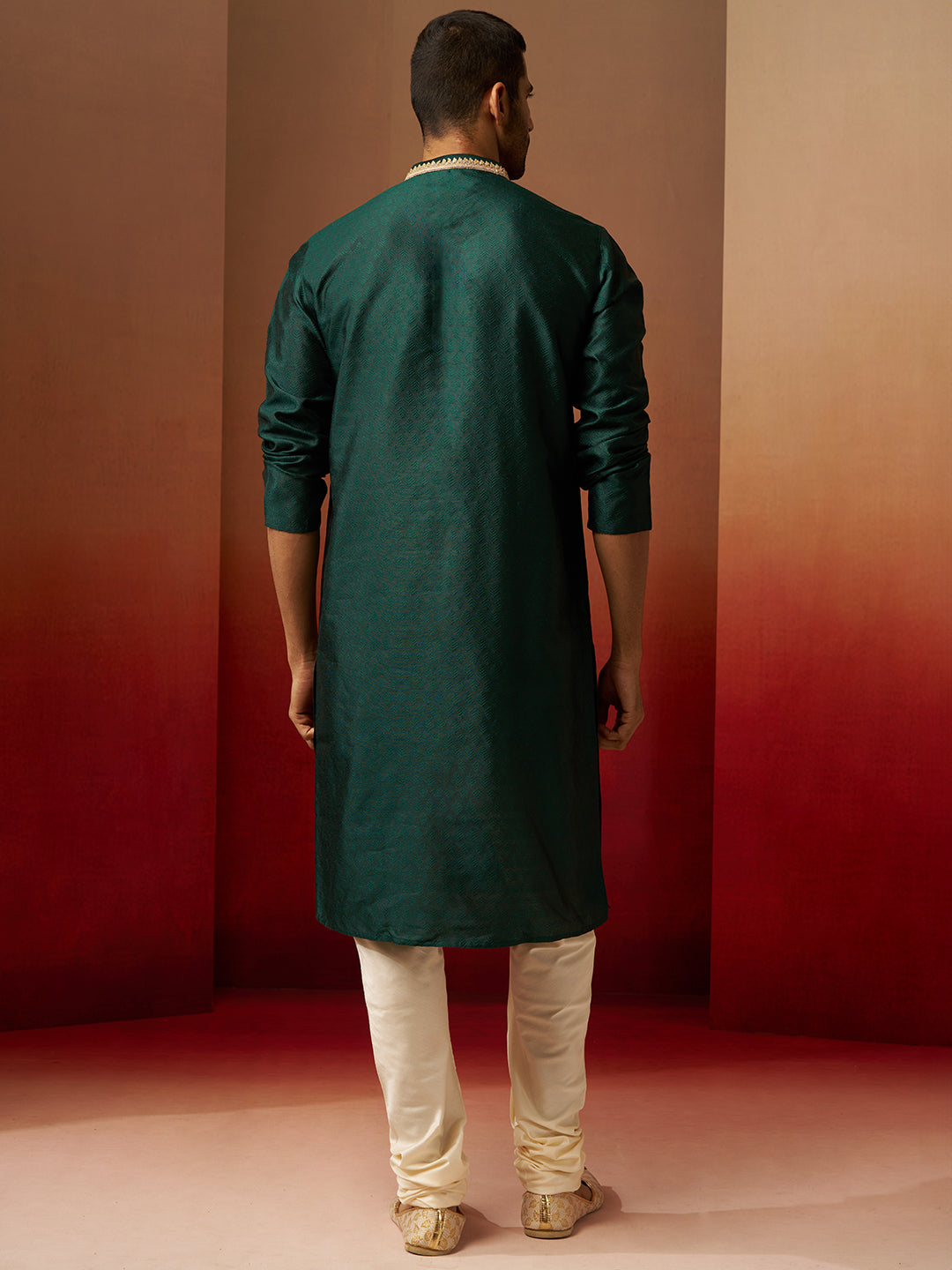 Men's Bottle Green Jacquard Kurta with Cream Churidar Set
