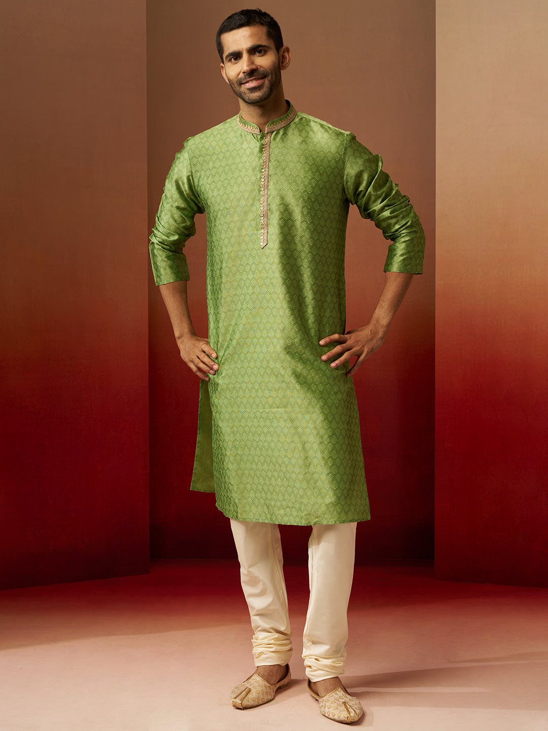 Men's Green Jacquard Kurta with Cream Churidar Set