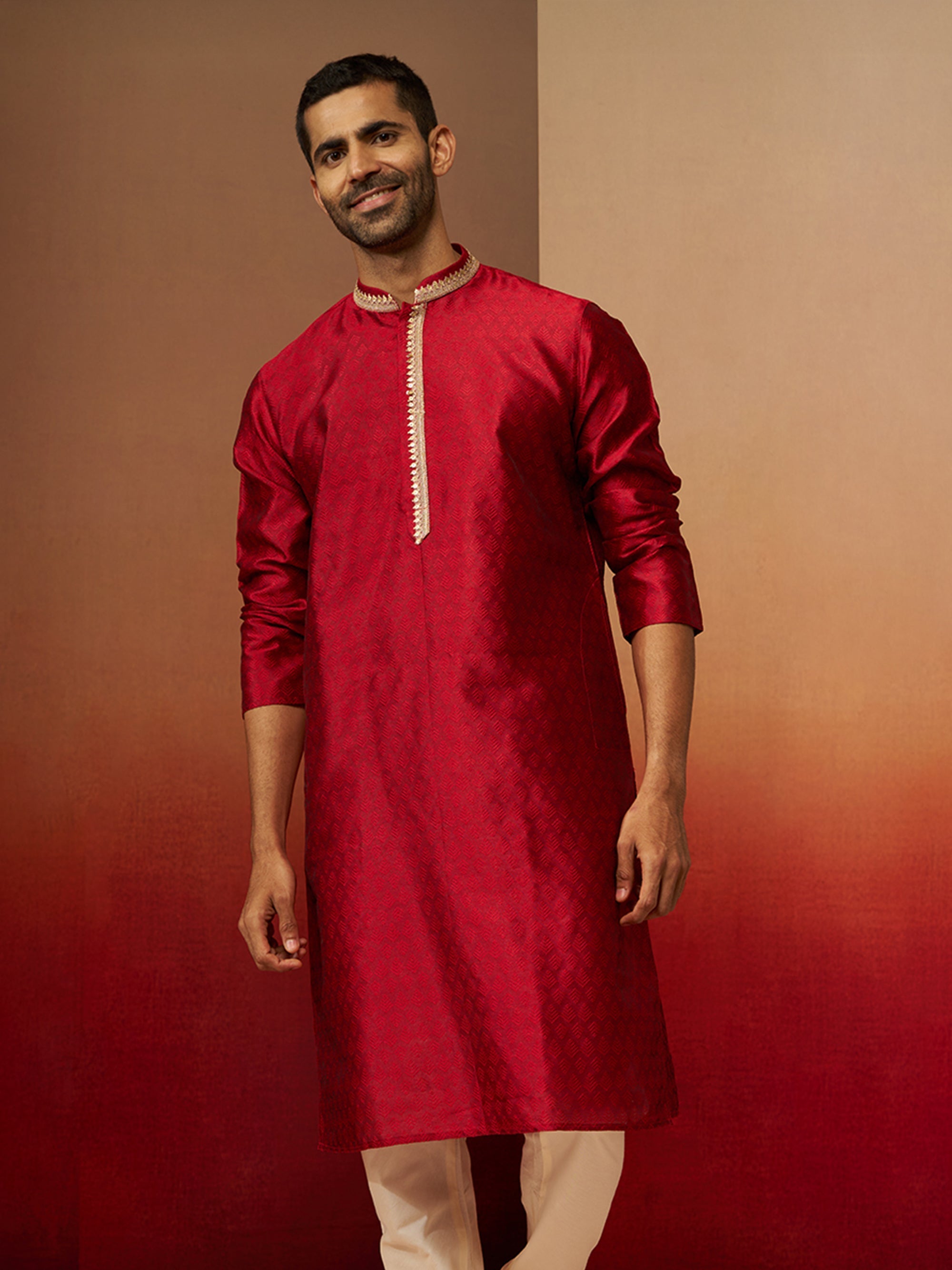 Men Maroon Silk Anmol Jacquard Kurta