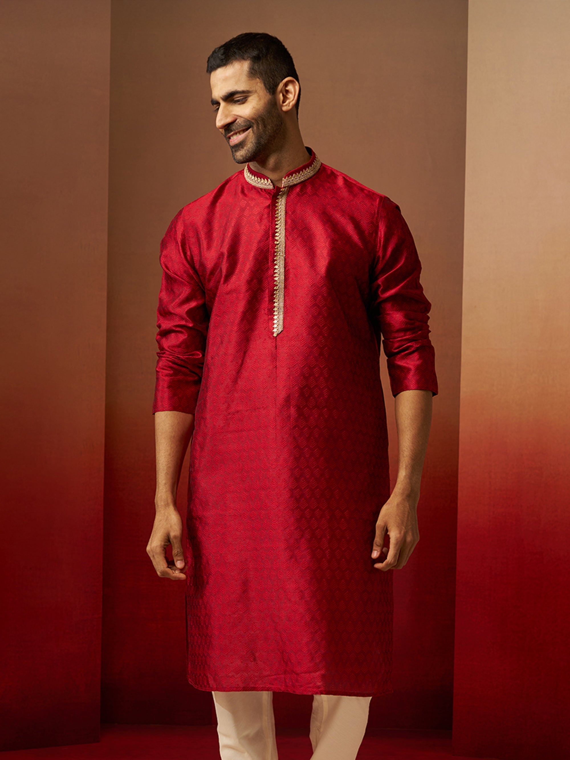 Men Maroon Silk Anmol Jacquard Kurta
