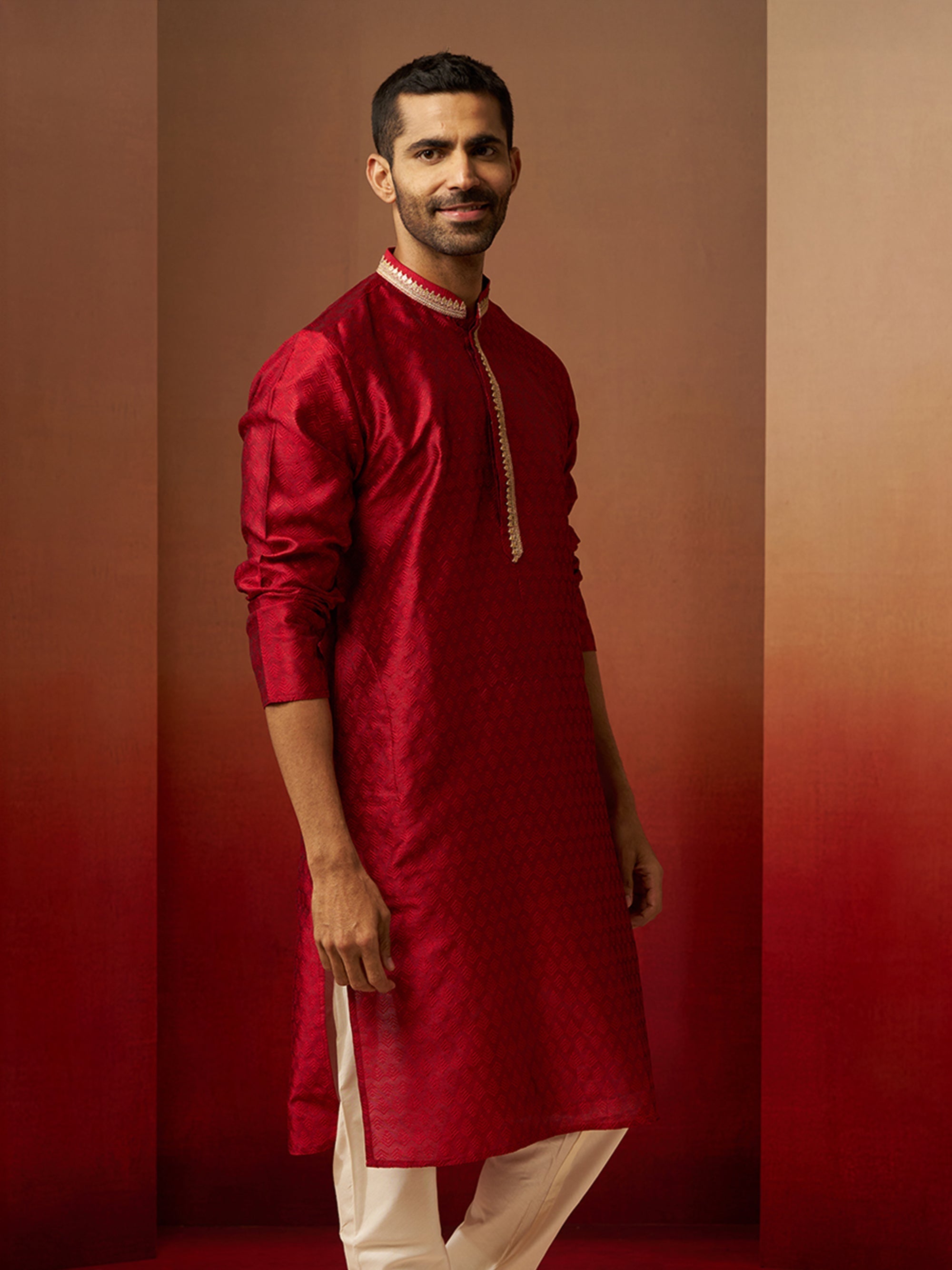 Men Maroon Silk Anmol Jacquard Kurta