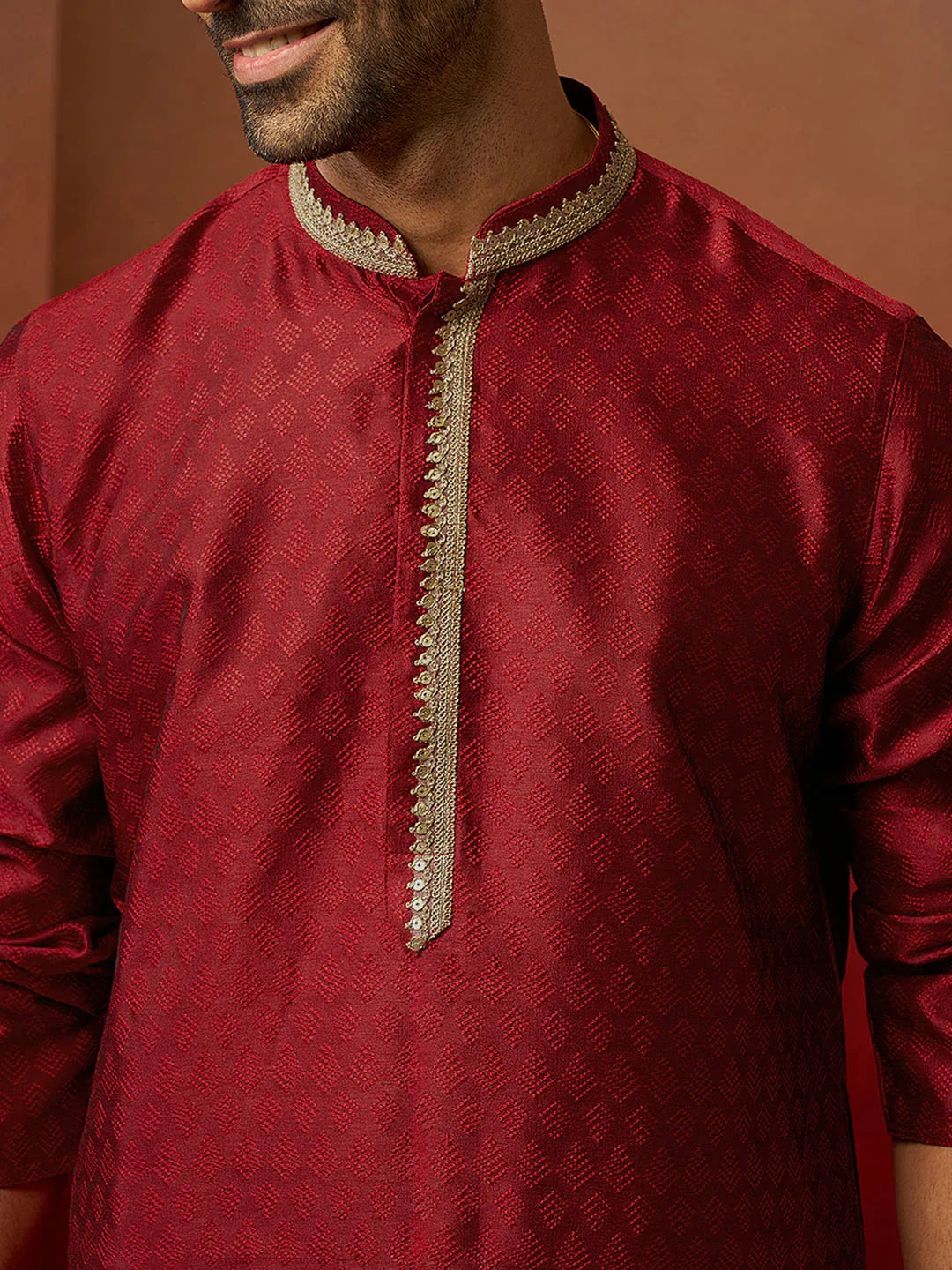 Men's Maroon Jacquard Kurta with Cream Churidar Set
