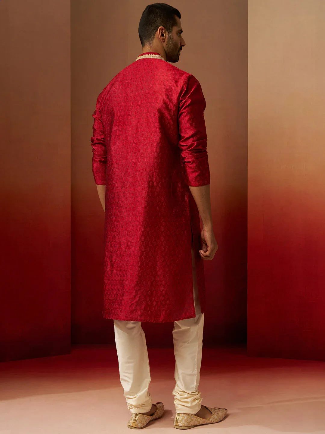 Men's Maroon Jacquard Kurta with Cream Churidar Set