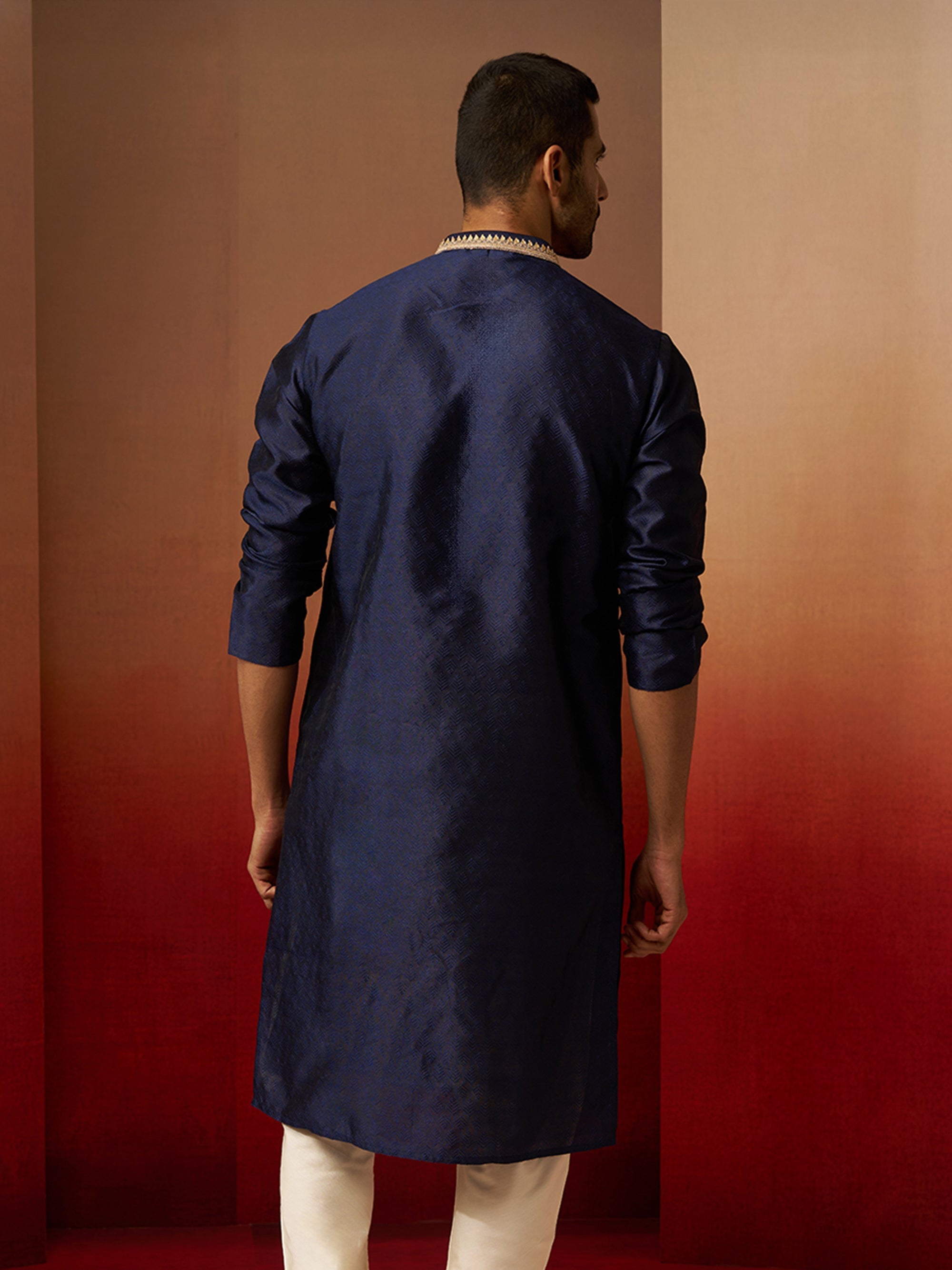 Vastramay Men Navy Blue Silk Anmol Jacquard Kurta