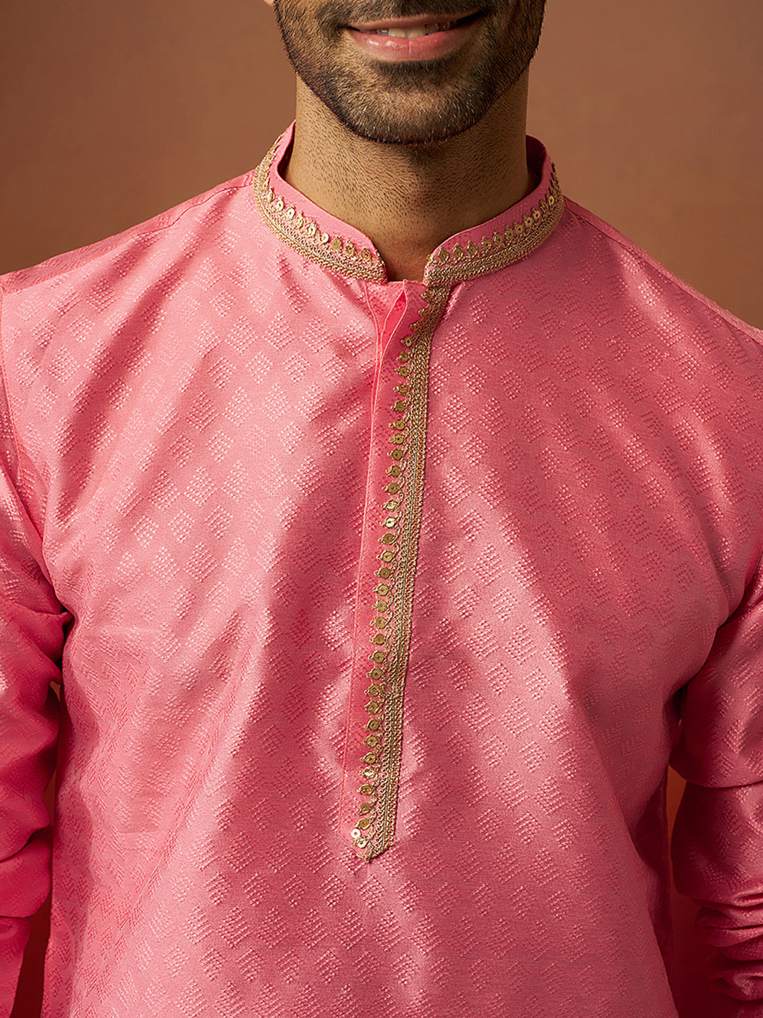 Men's Pink Jacquard Kurta with Cream Churidar Set