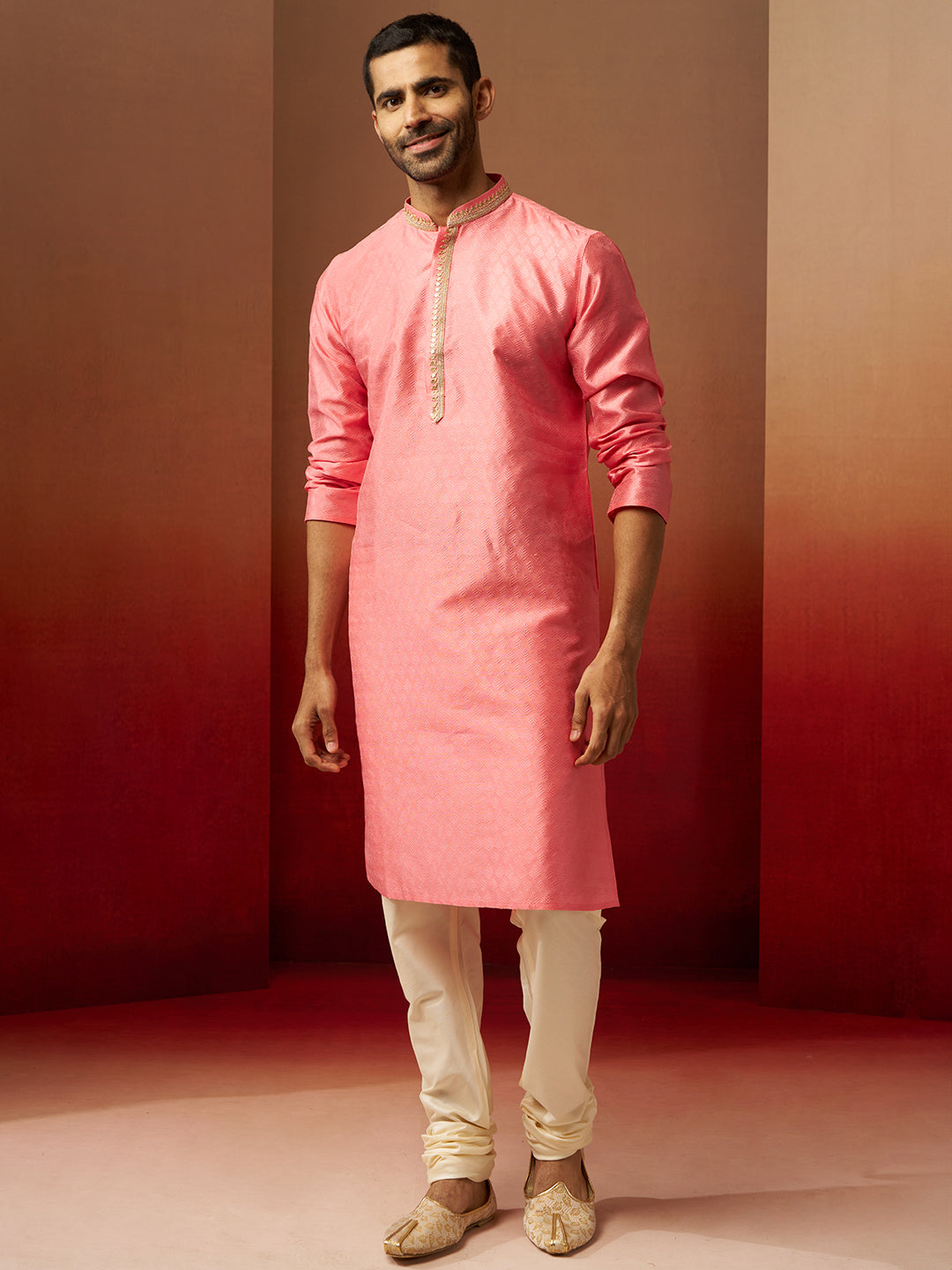 Men's Pink Jacquard Kurta with Cream Churidar Set