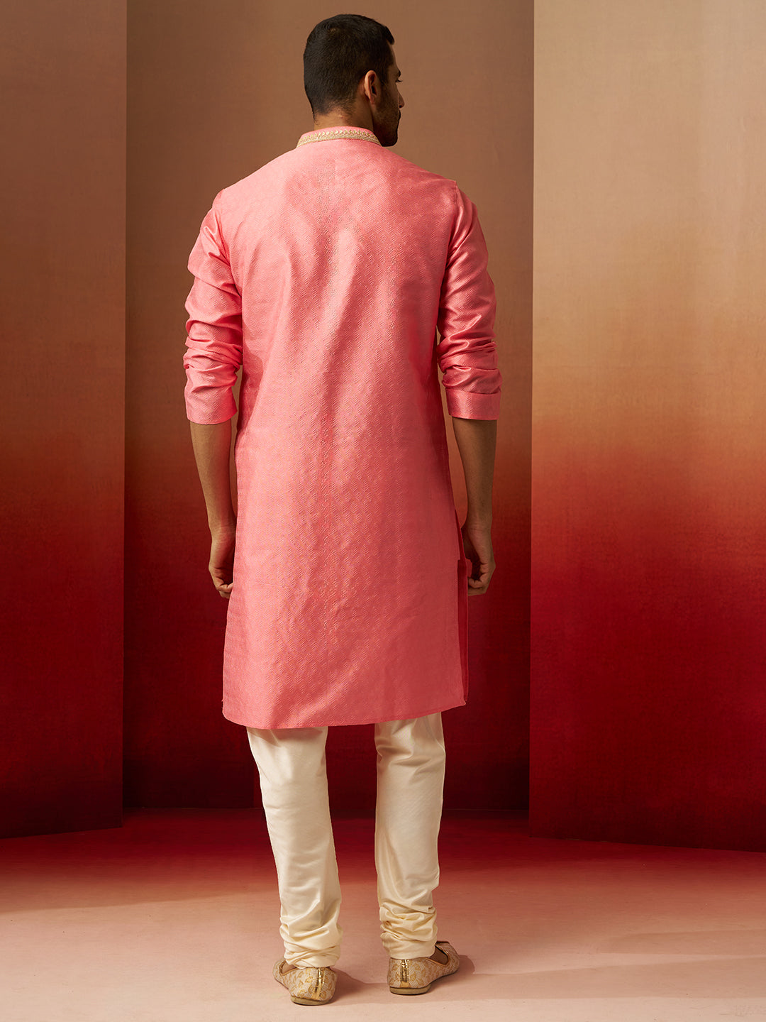Men's Pink Jacquard Kurta with Cream Churidar Set