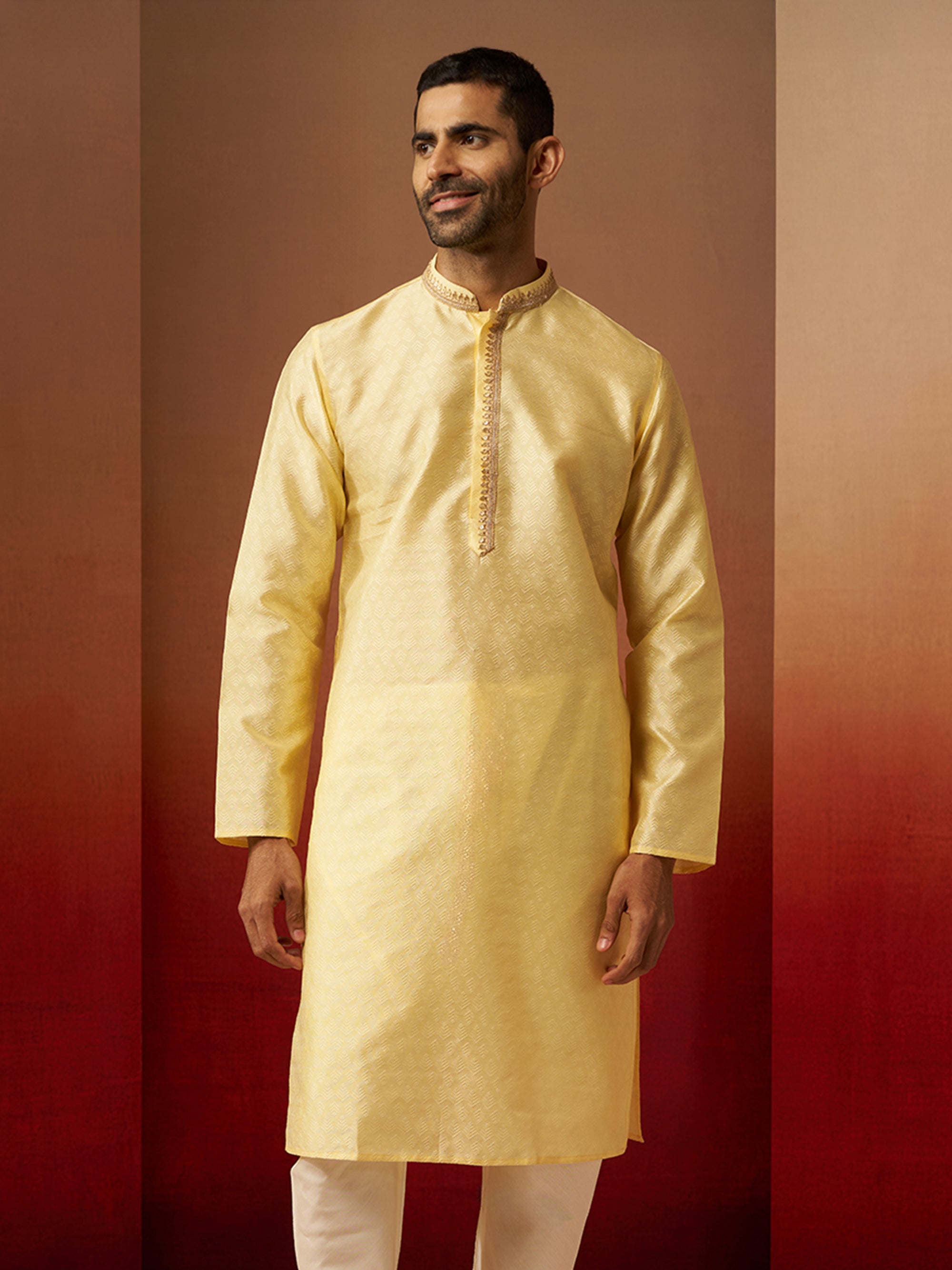 Men Yellow Silk Anmol Jacquard Kurta