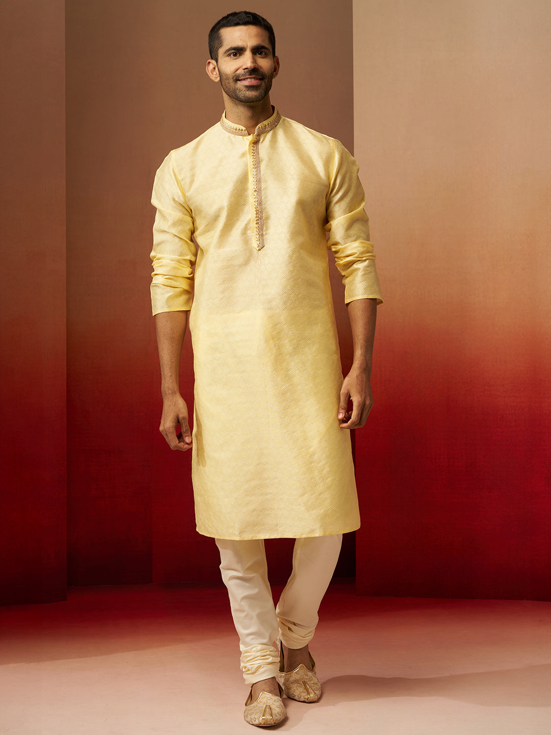 Men Yellow Silk Anmol Jacquard Kurta