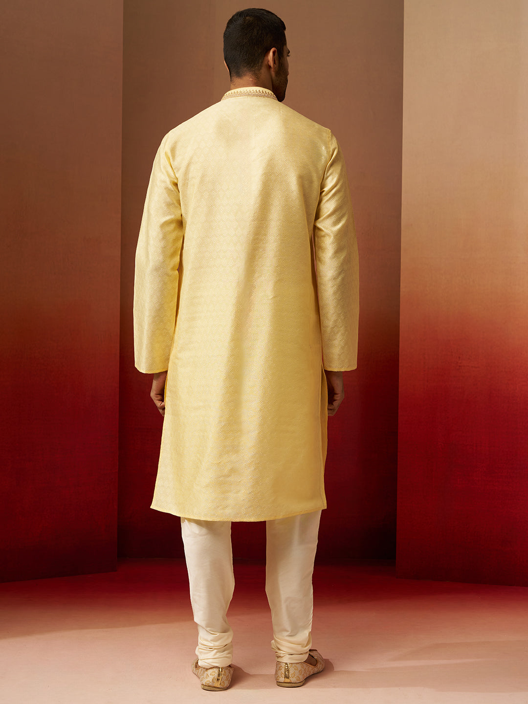 Men's Yellow Jacquard Kurta with Cream Churidar Set