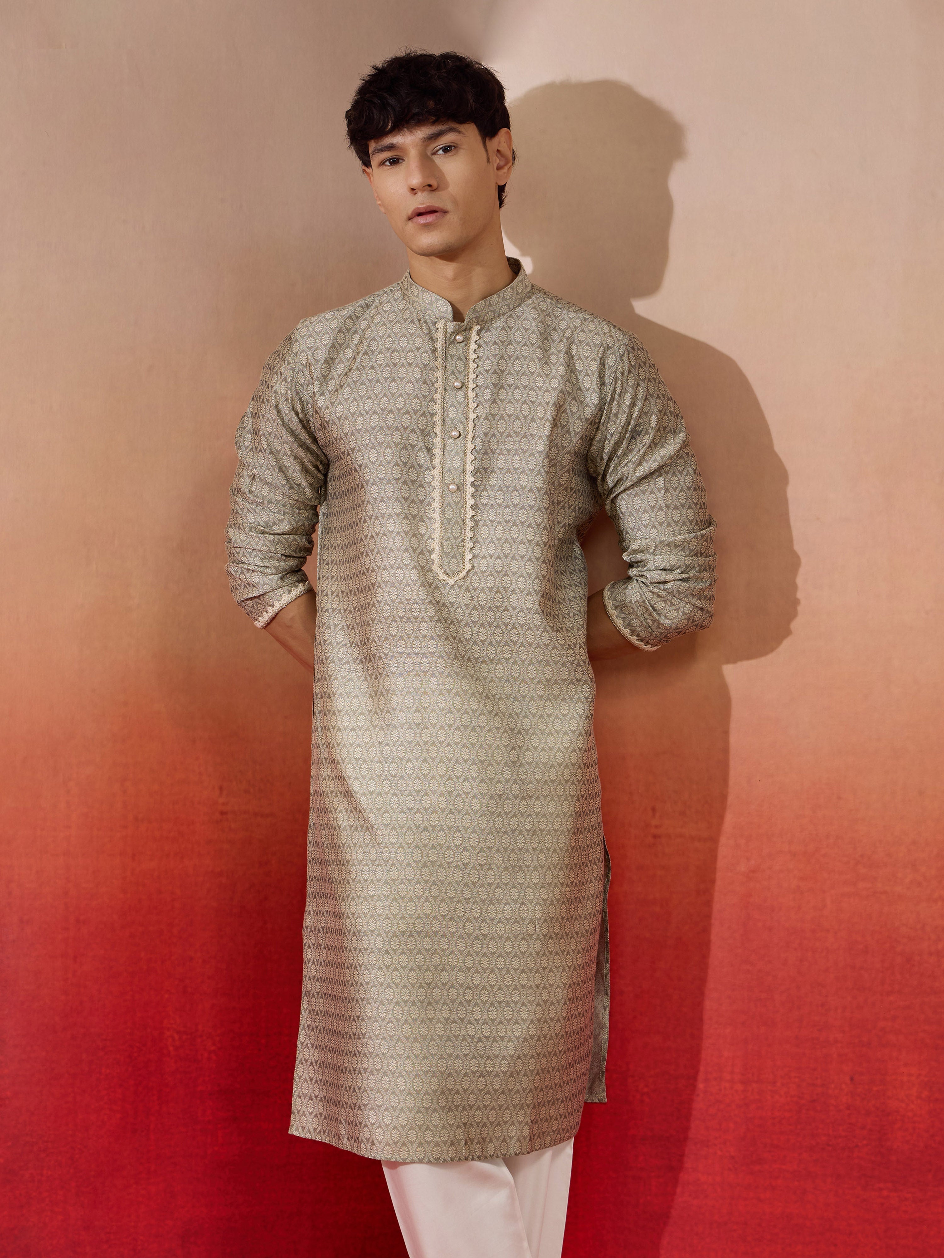 Men's Grey Silk Jacquard Kurta