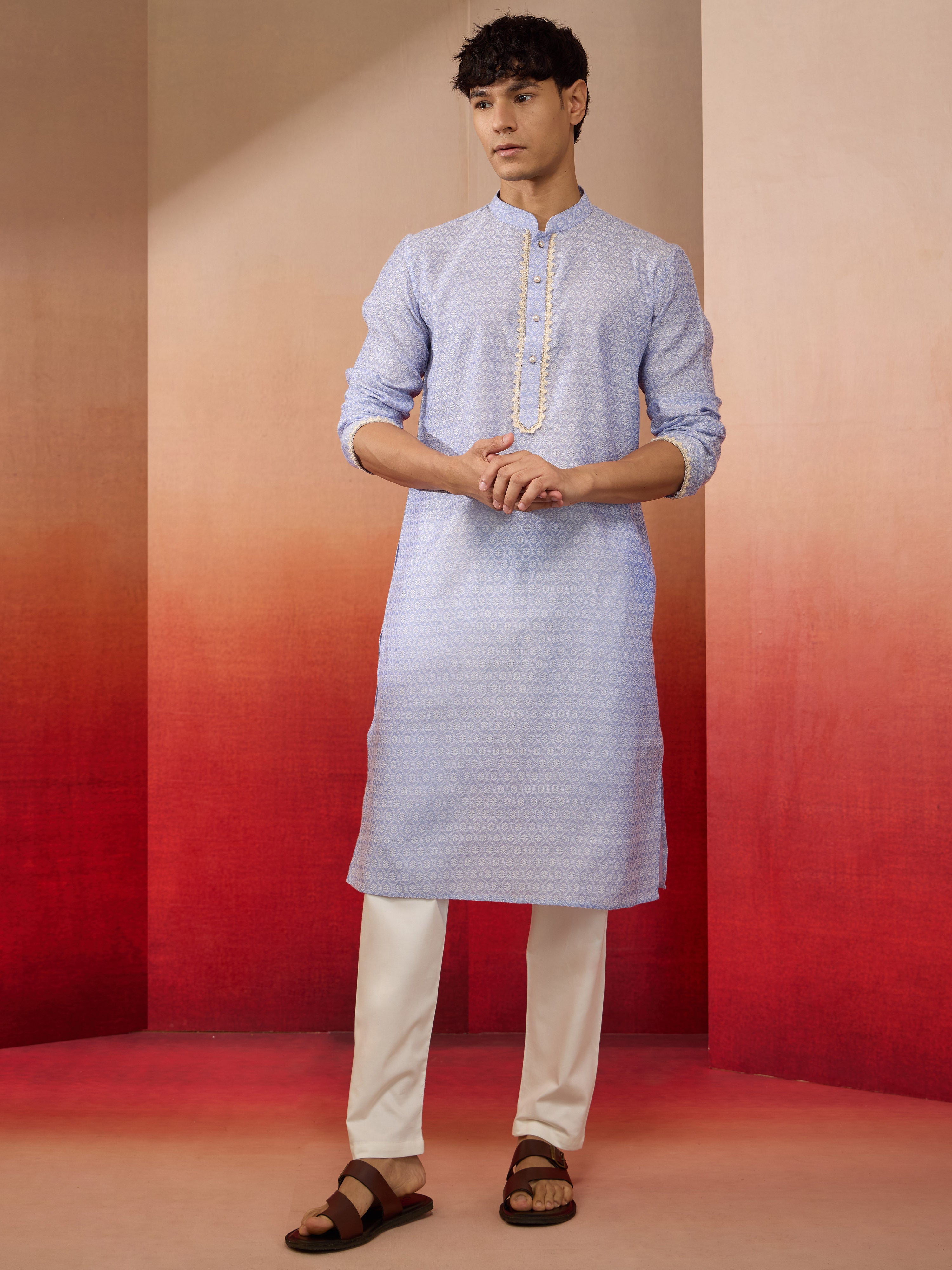 Mens Sky Blue Jacquard Kurta with Pyjama