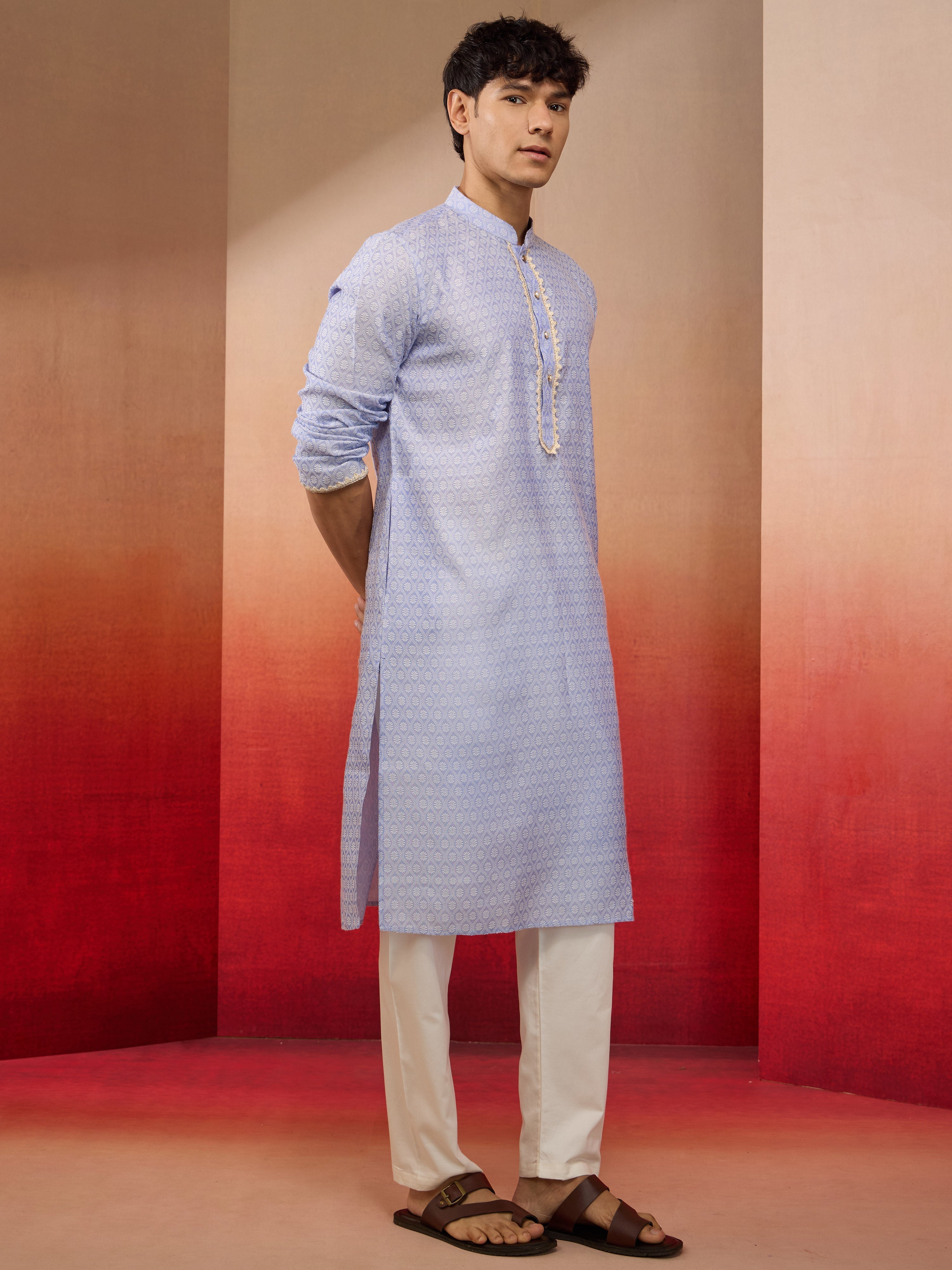 Mens Sky Blue Jacquard Kurta with Pyjama