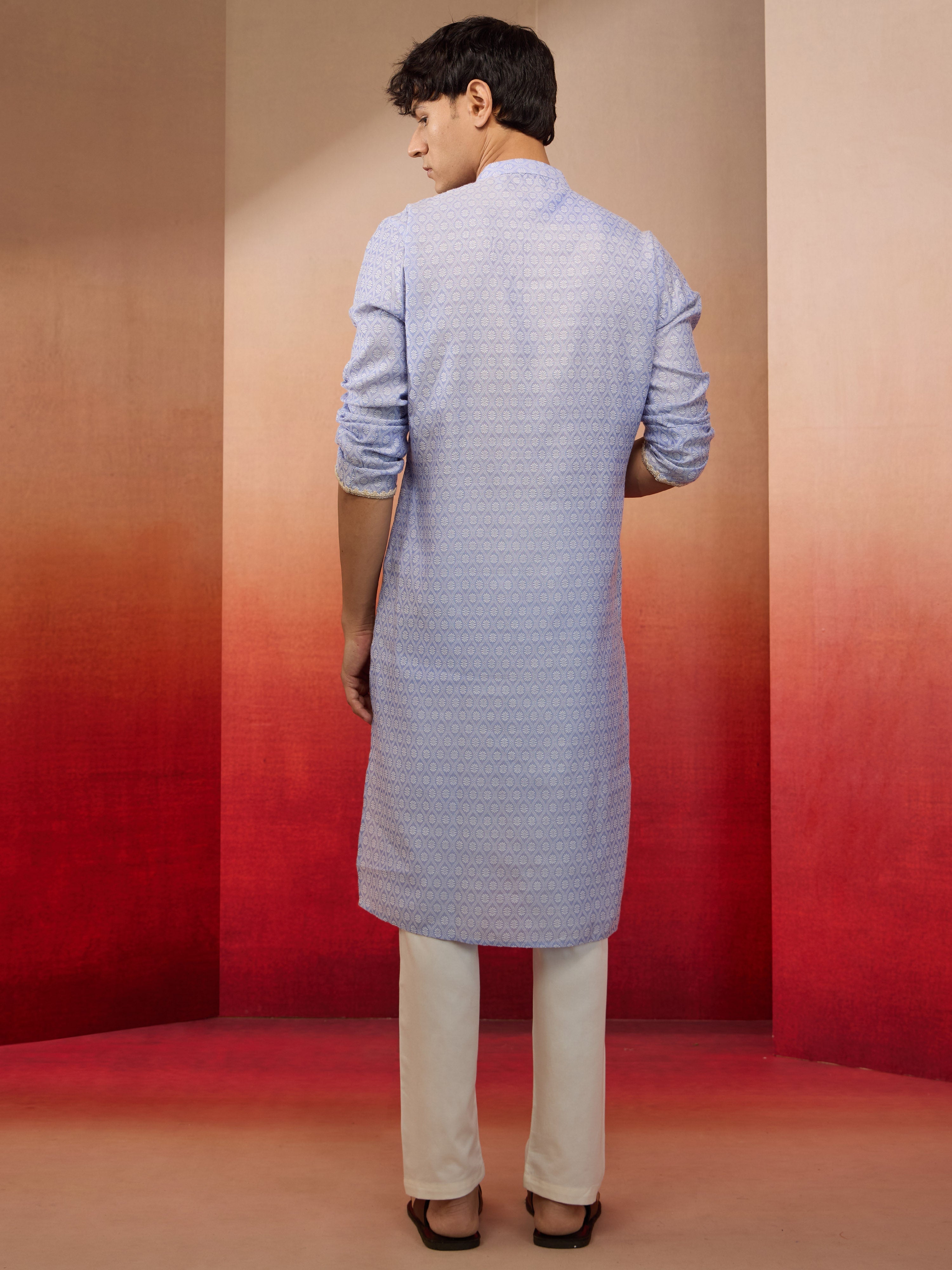 Mens Sky Blue Jacquard Kurta with Pyjama