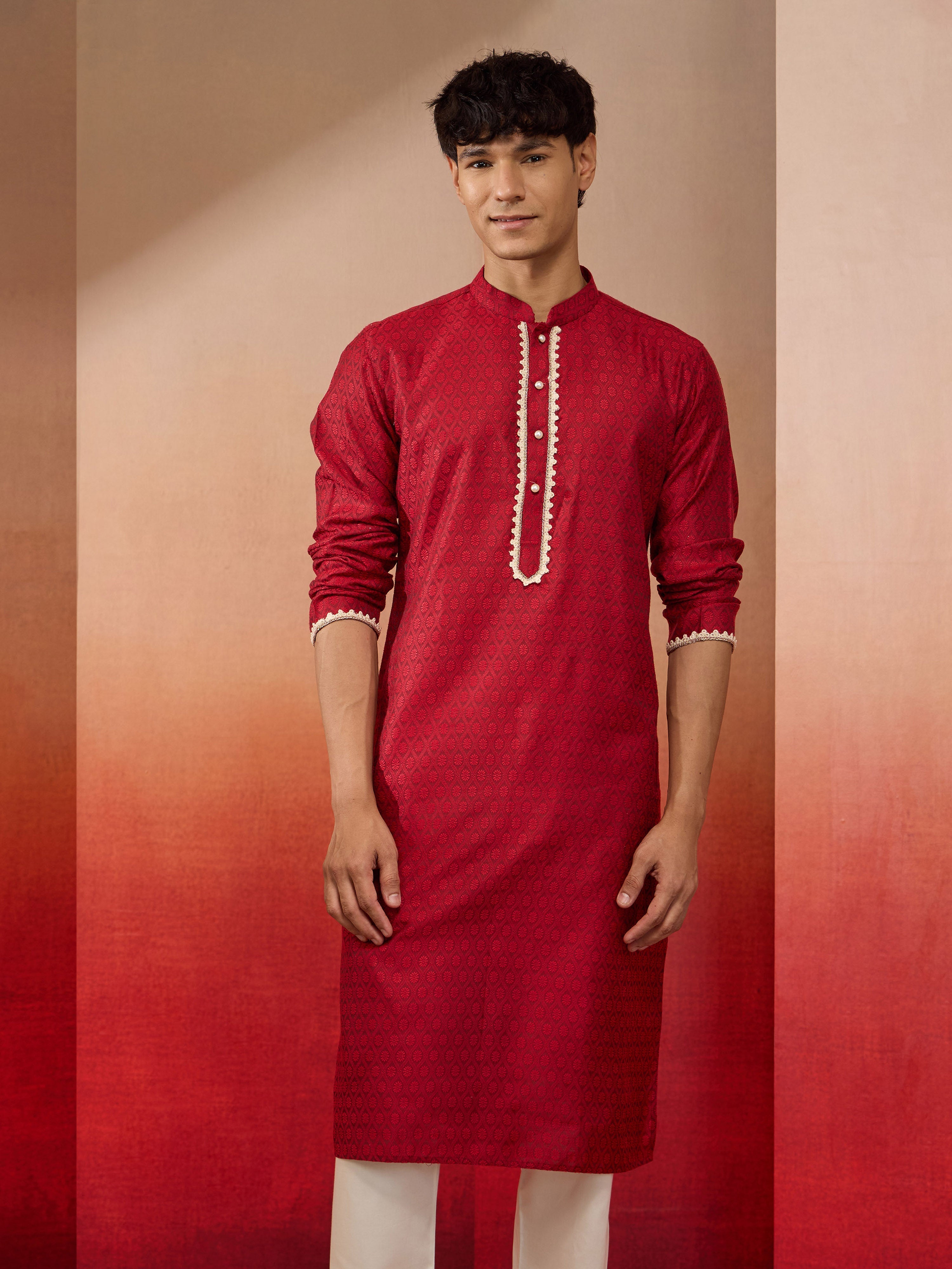 Men's Maroon Silk Jacquard Kurta