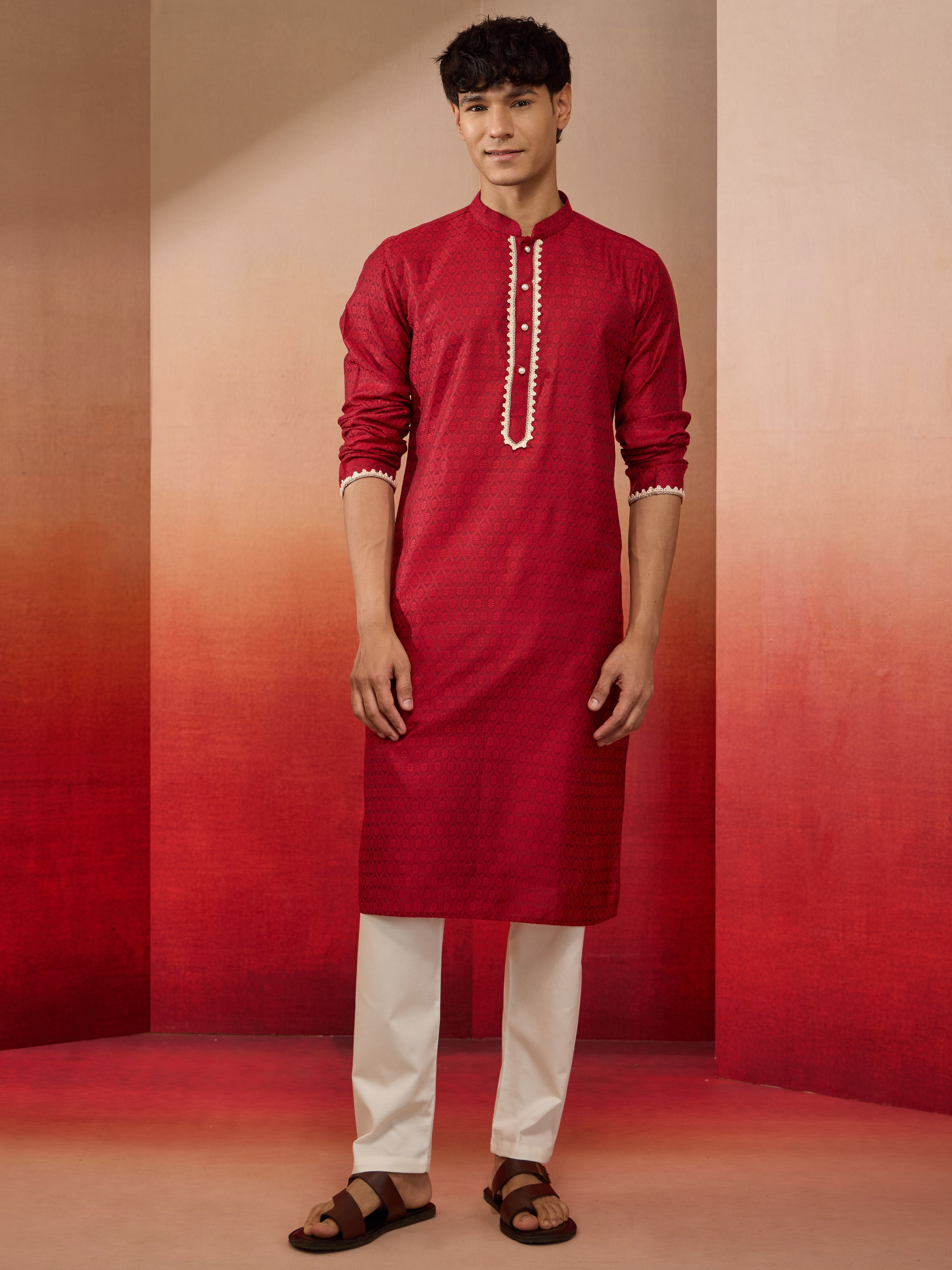 Mens Maroon Jacquard Kurta with Pyjama