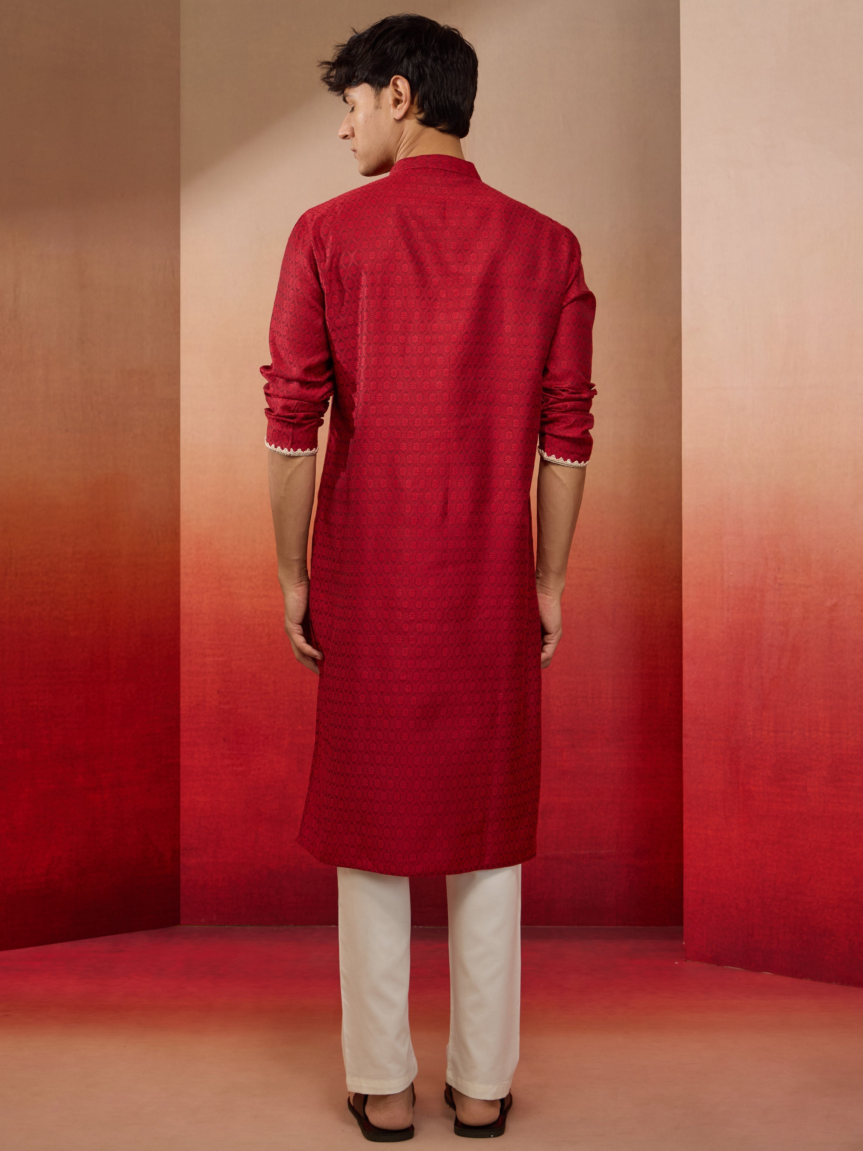 Mens Maroon Jacquard Kurta with Pyjama