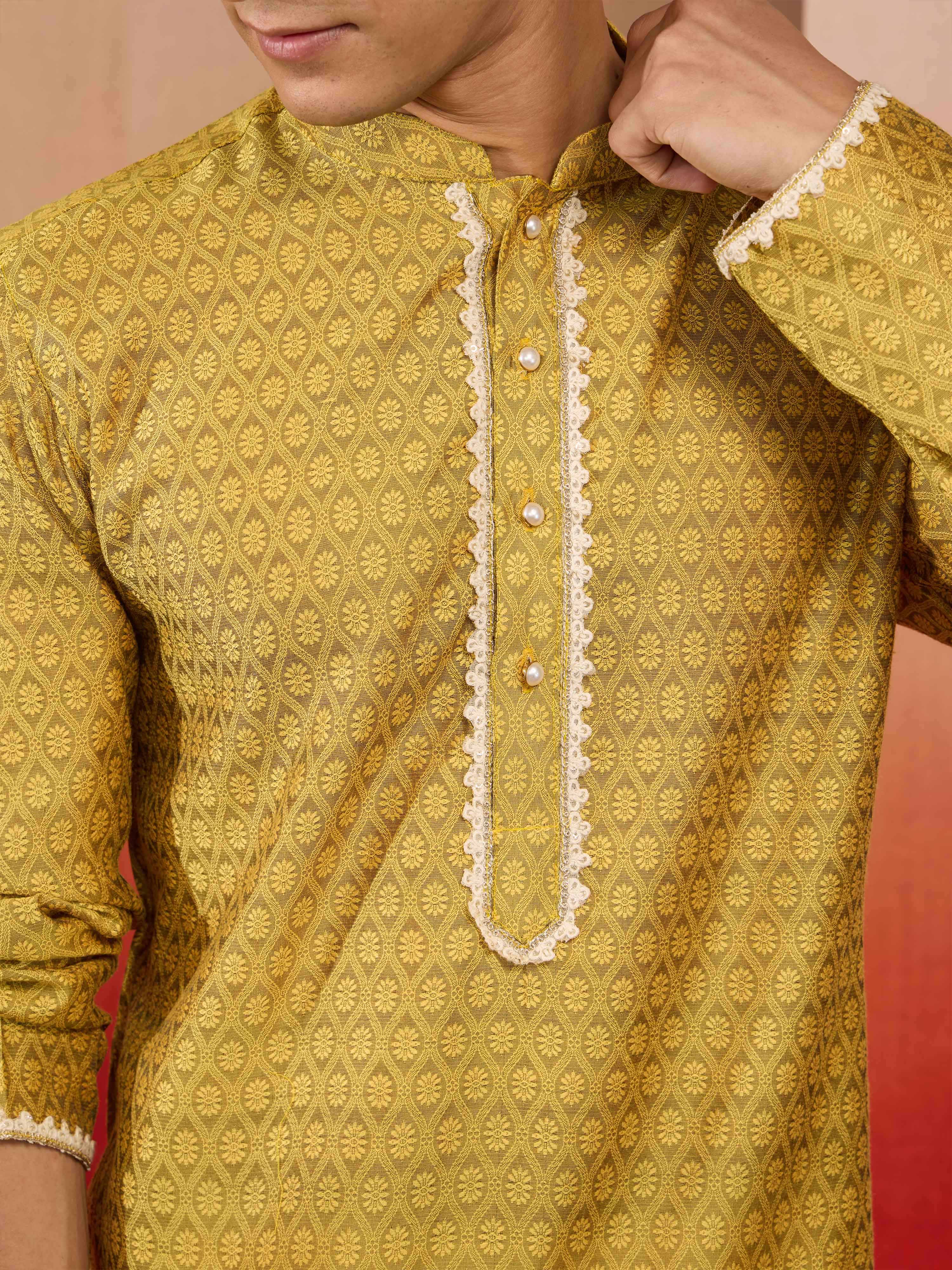 Men's Yellow Silk Jacquard Kurta