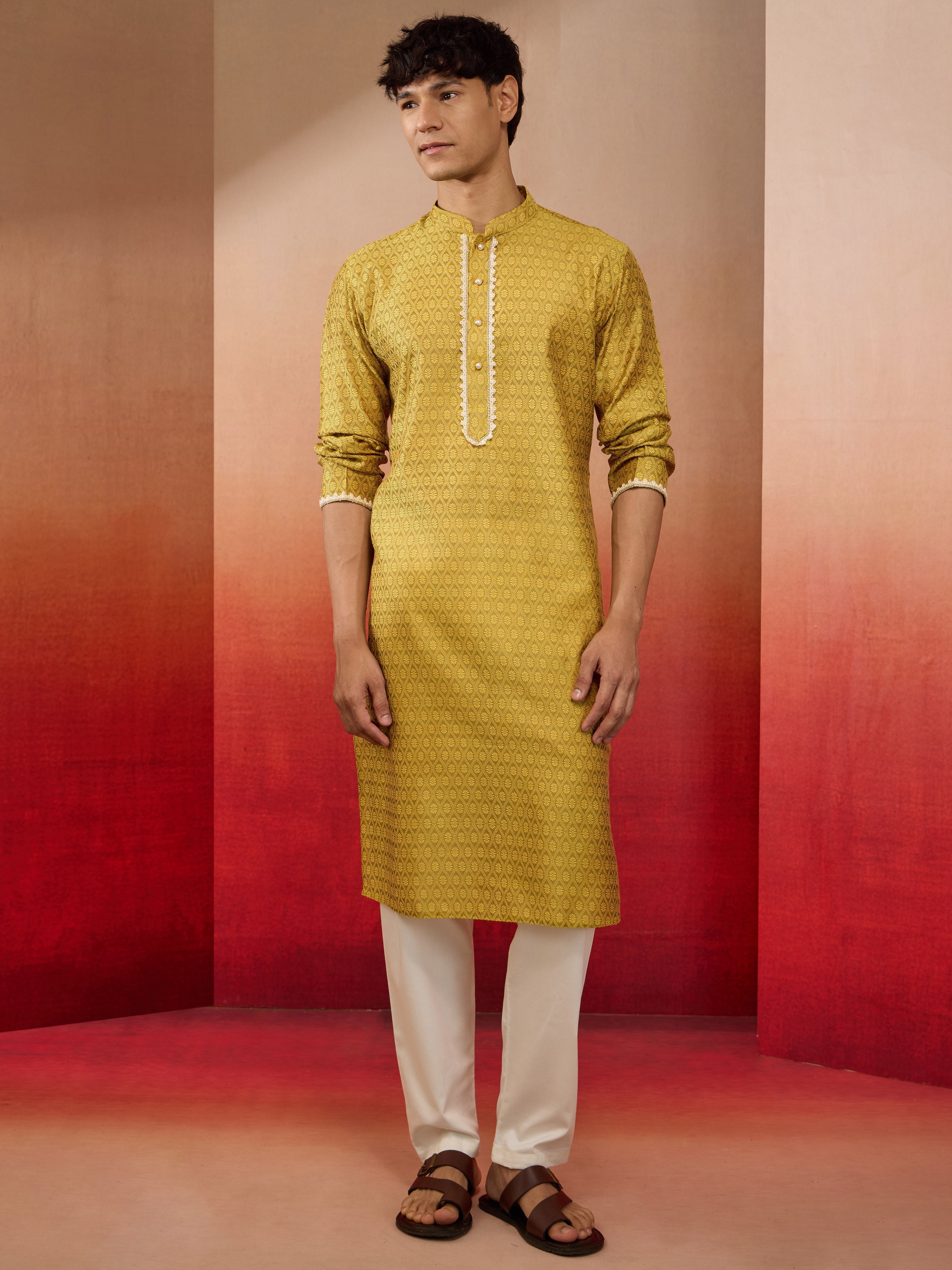 Mens Yellow Jacquard Kurta with Pyjama