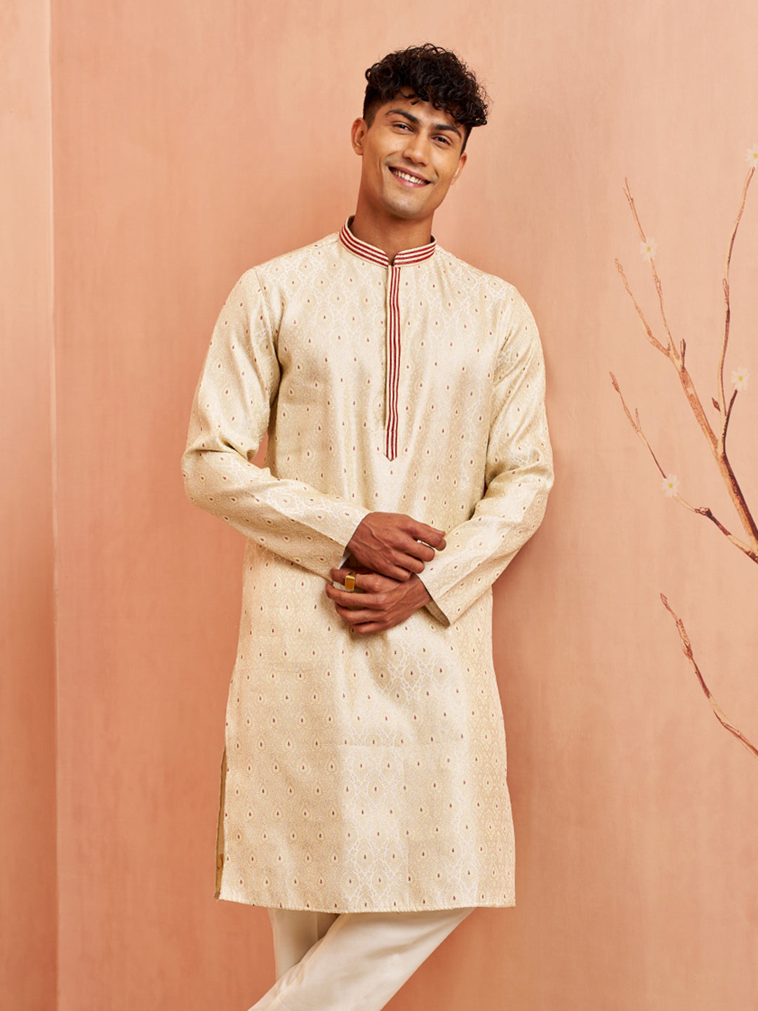 Men's Cream Silk Blend Long Kurta Jacquard Maroon Motif Mandarin Collar