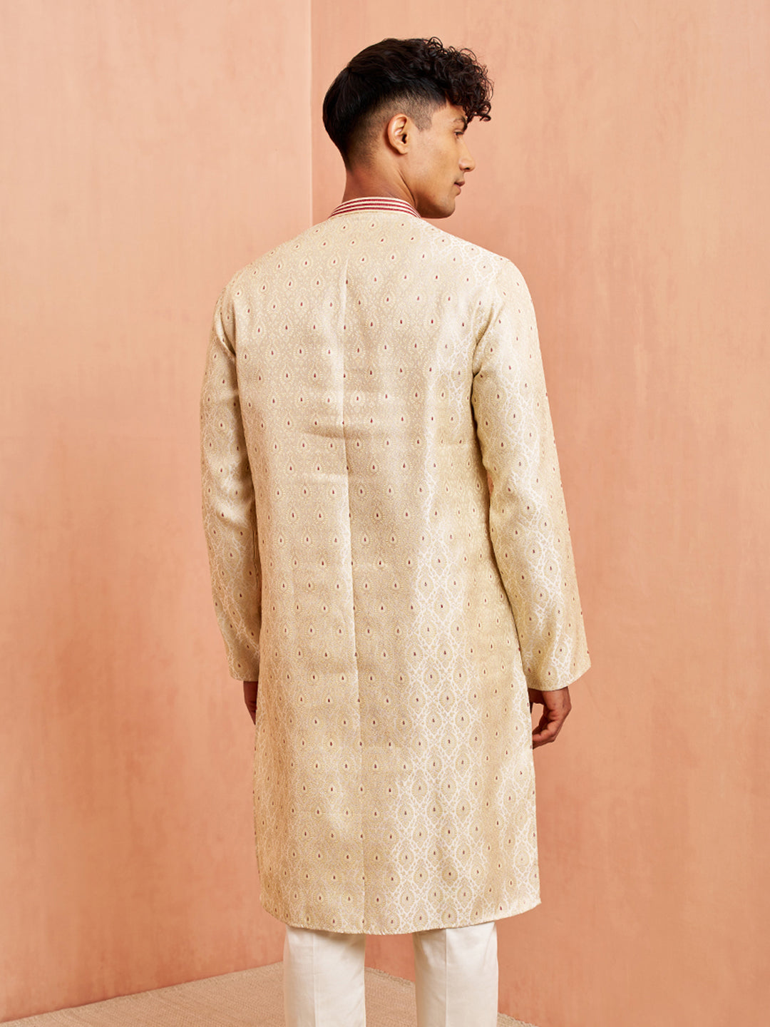 Men's Cream Silk Blend Long Kurta Jacquard Maroon Motif Mandarin Collar