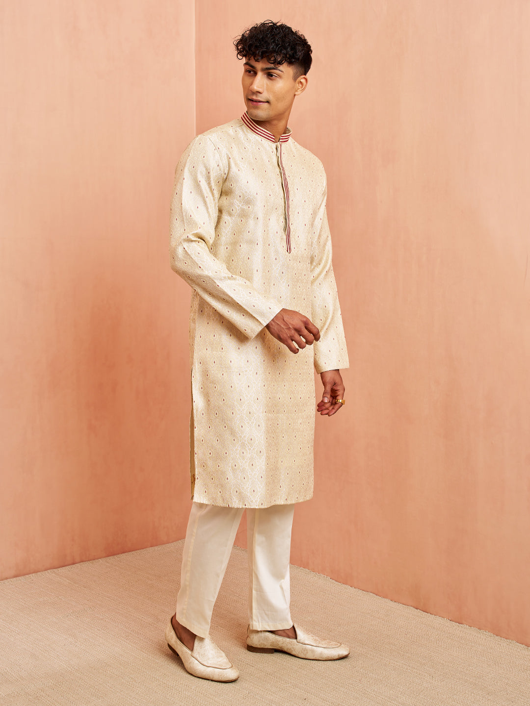 Men's Cream Silk Blend Long Kurta Jacquard Maroon Motif Mandarin Collar