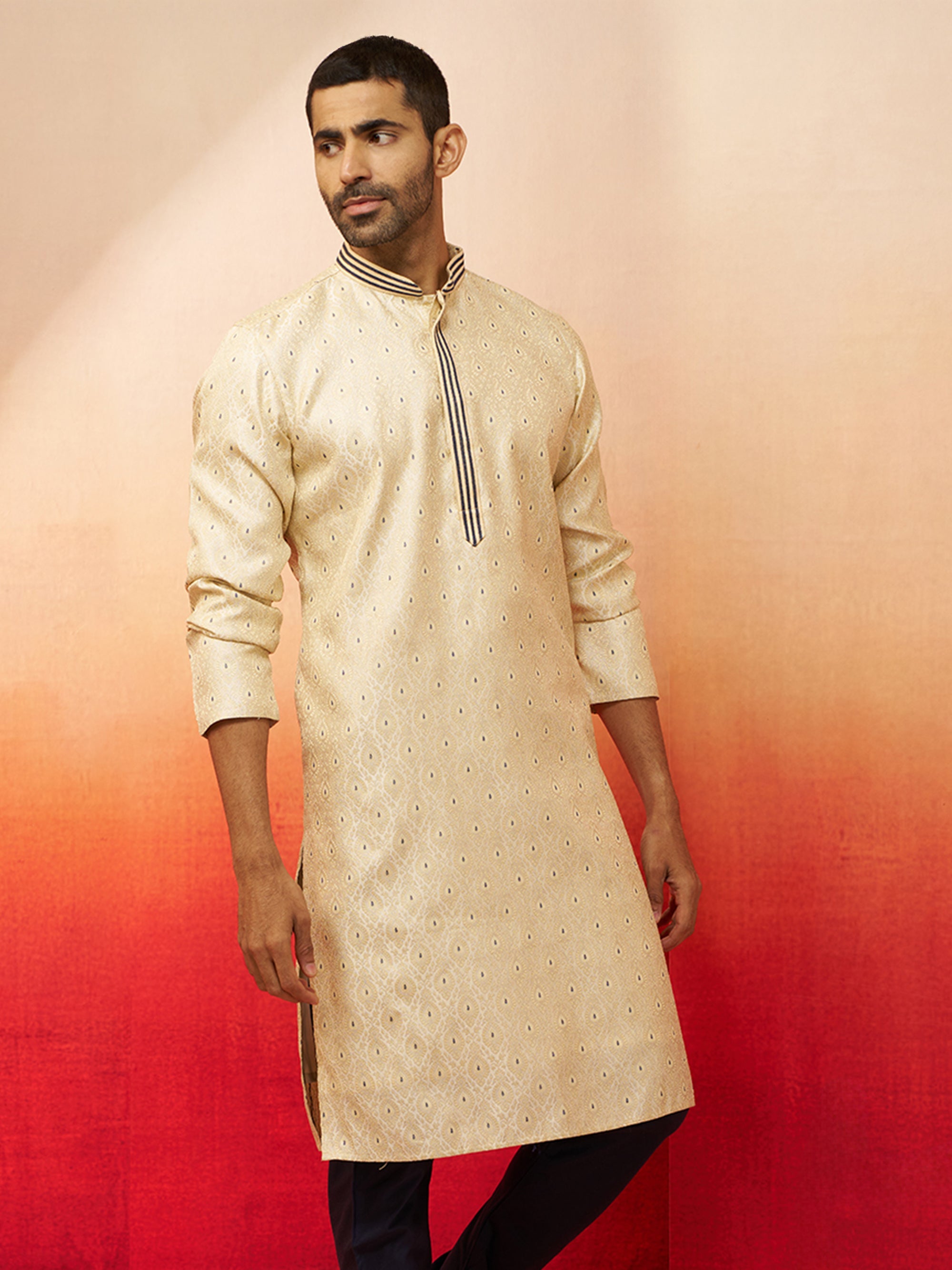 Vastramay Men Cream Royal Blue Silk Jacquard Kurta