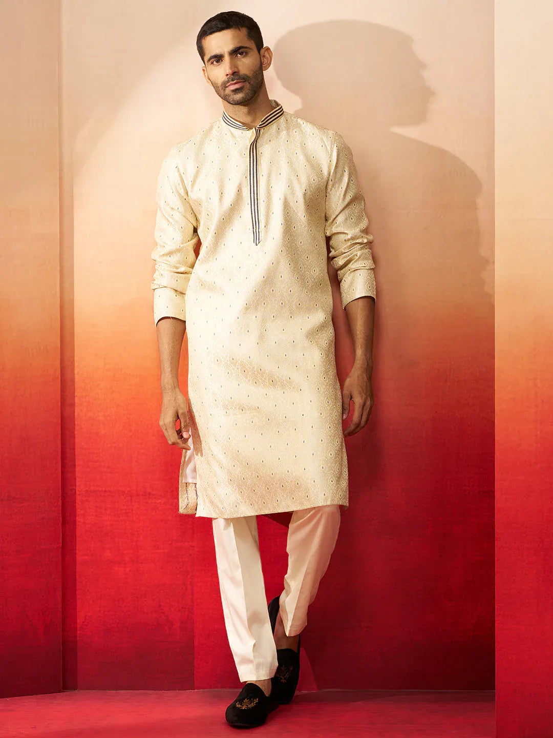 Vastramay Men Cream Royal Blue Silk Jacquard Kurta